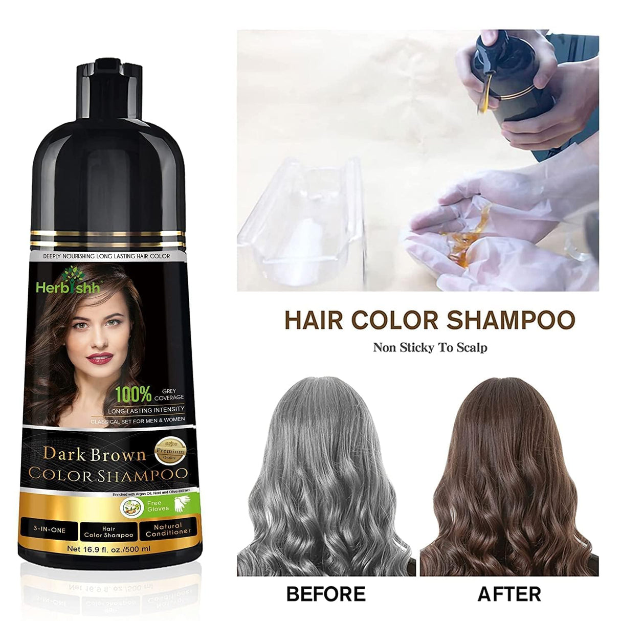 Combo Pack - Herbishh Dark Brown Hair Dye Shampoo + Argan Intense Hair Mask - Stimulates Dry, Frizzy Hair - Long-lasting Color in Minutes - 500ml