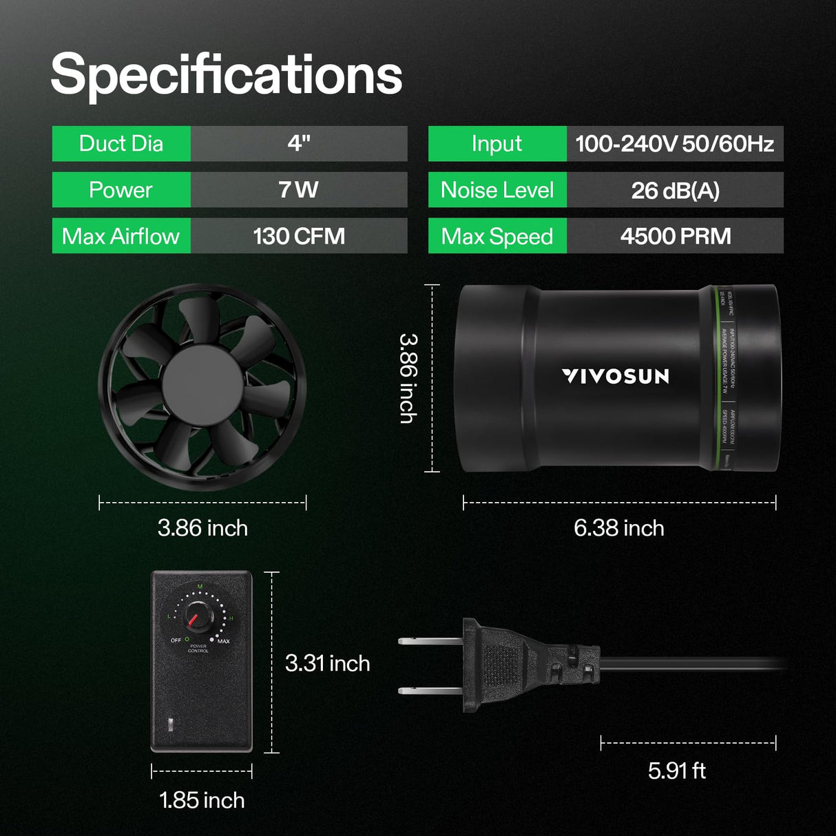 VIVOSUN 4" Inline Fan &Speed Controll 130 CFM Exhaust Fan for Home Workshop