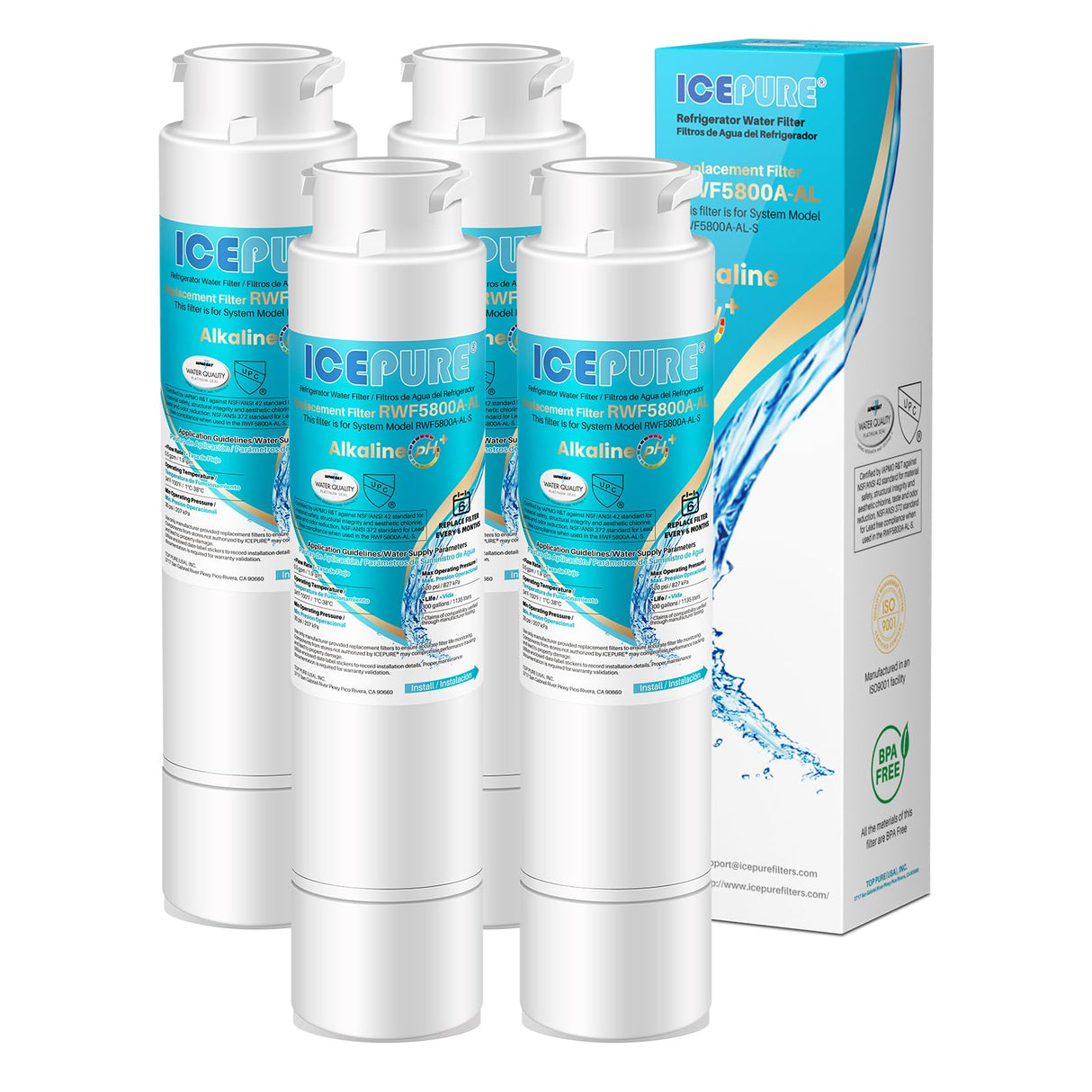 ICEPURE Alkaline RWF5800A-AL Refrigerator Water Filter Replacement for Frigidaire EPTWFU01, EWF02, Pure Source Ultra II, PureSource Ultra 2, GP006, BO022, MR022, SCWFTCTO, 4562222, Enhances PH, 4Pack
