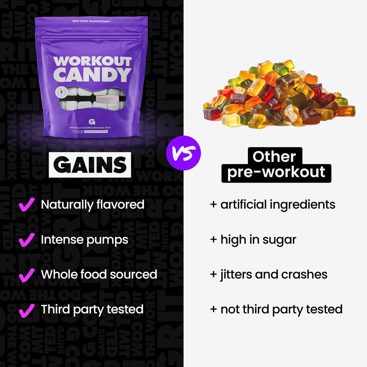 Gains in Bulk Workout Candy, Pre Workout Chews with Creatine and Caffeine for Energy, Focus, Muscle and Pump, Nitric Oxide Support, Supplements for Men and Women, Sour Fruit, 90 Vegetarian Chews