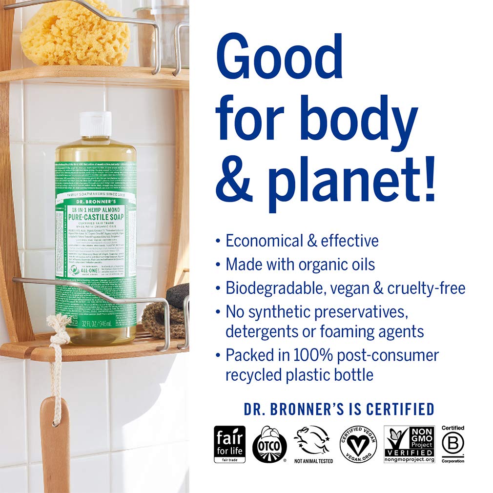 Dr. Bronner's - Pure-Castile Liquid Soap (Almond, 1 Gallon) - Made with Organic Oils, 18-in-1 Uses: Face, Body, Hair, Laundry, Pets and Dishes, Concentrated, Vegan, Non-GMO