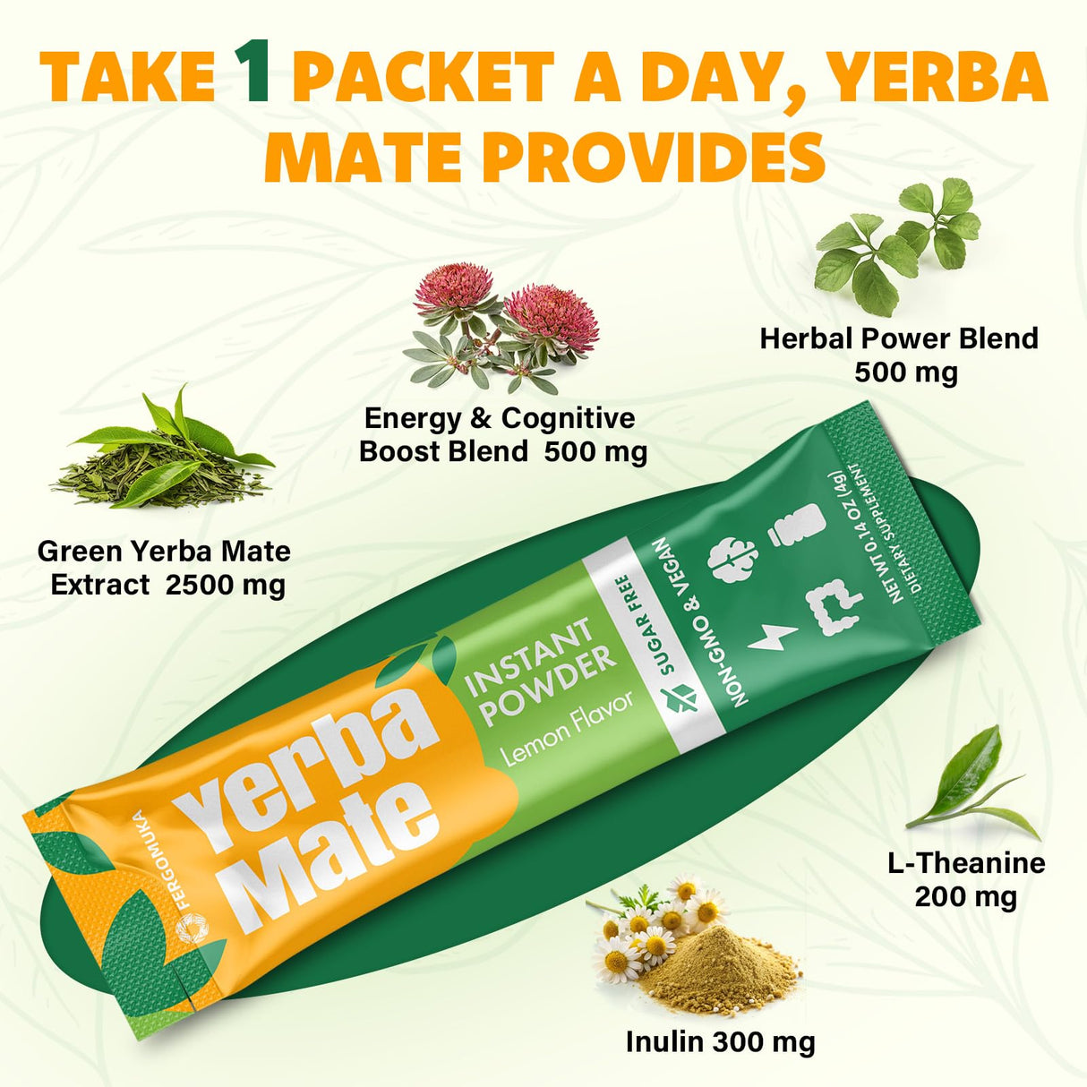 Yerba Mate 4000mg, 10 in 1 Yerba Mate Tea Instant Powder - No Sugar Content, Clean Energy with No Crash, Stay Refreshed and Focused, with Ginseng & Rhodiola, Prebiotic & L-Theanine, 30 Packets (Lemon)