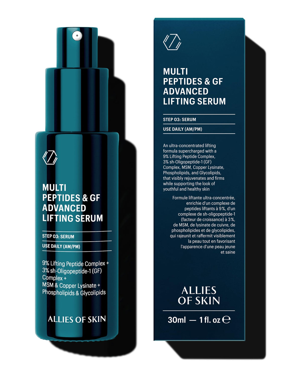 Allies of Skin Multi Peptides & GF Advanced Lifting Serum with 3% sh-Oligopeptide-1 (Growth Factor) Complex, 9% Lifting Peptide Complex, MSM, Copper Lysinate, Phospholipids & Glycolipids. 30 ml/ 1 oz