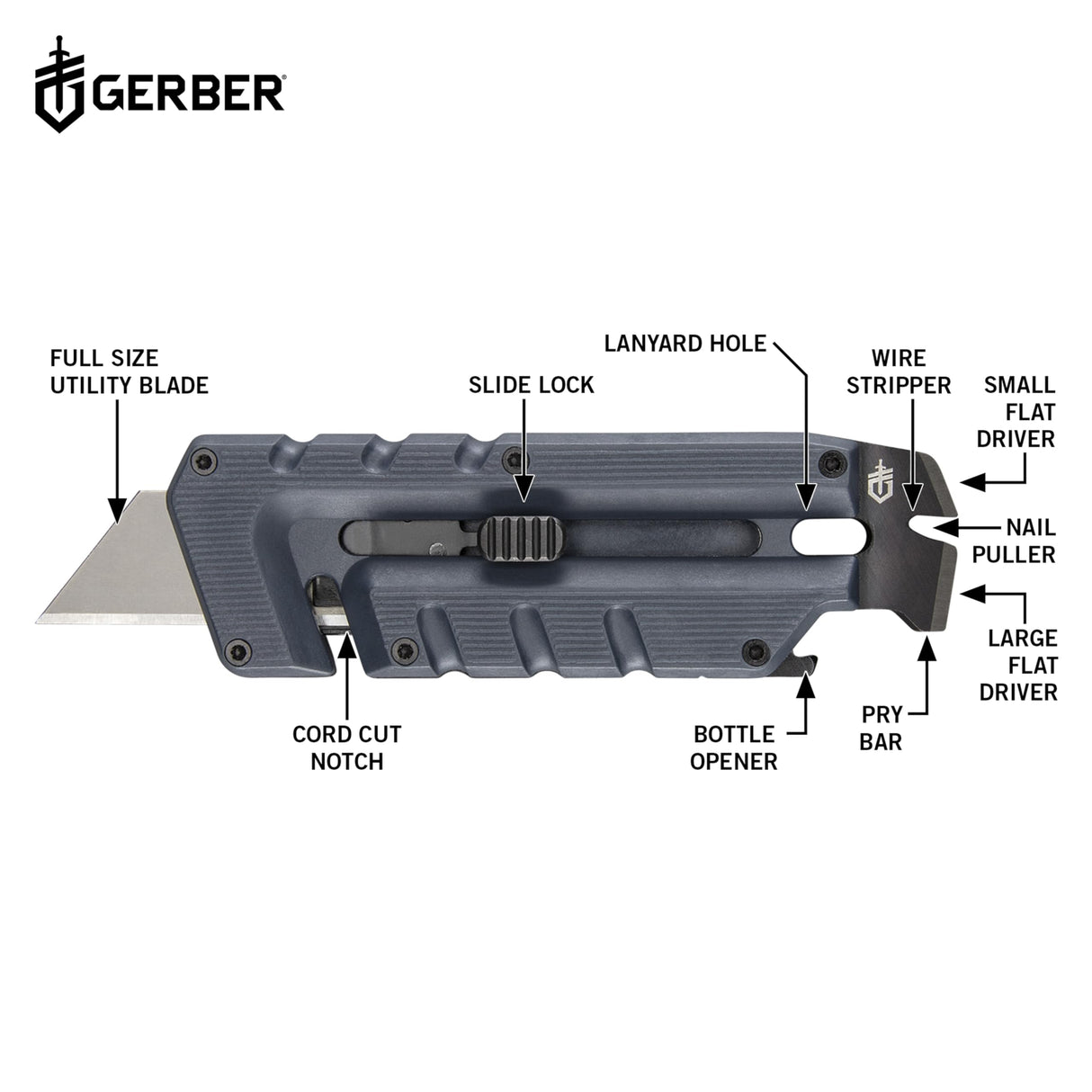 Gerber Gear Prybrid Utility Knife with Pocket Clip, Box Cutter Retractable Blade, Heavy Duty Utility Razor with Pry Bar, Bottle Opener, and Wire Stripper, Multi tool Pocket Knife, Blue with Clip