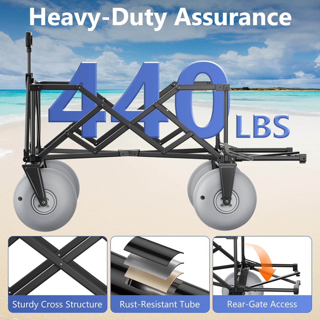 Strolking 51" Beach Wagon with 10" Inflatable PU Balloon Wheels, 440LBS Heavy Duty Beach Cart with Rear Tailgate, Air-Adjustable Foldable Wagon for Sand, Blue (Pump Included)