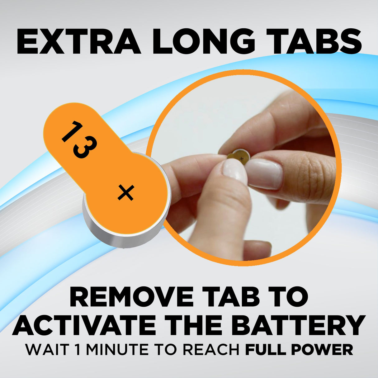 Powermax Size 13 Hearing Aid Batteries, 60 Count Long-Lasting Battery Pack, Orange Long Tab for Easy Change