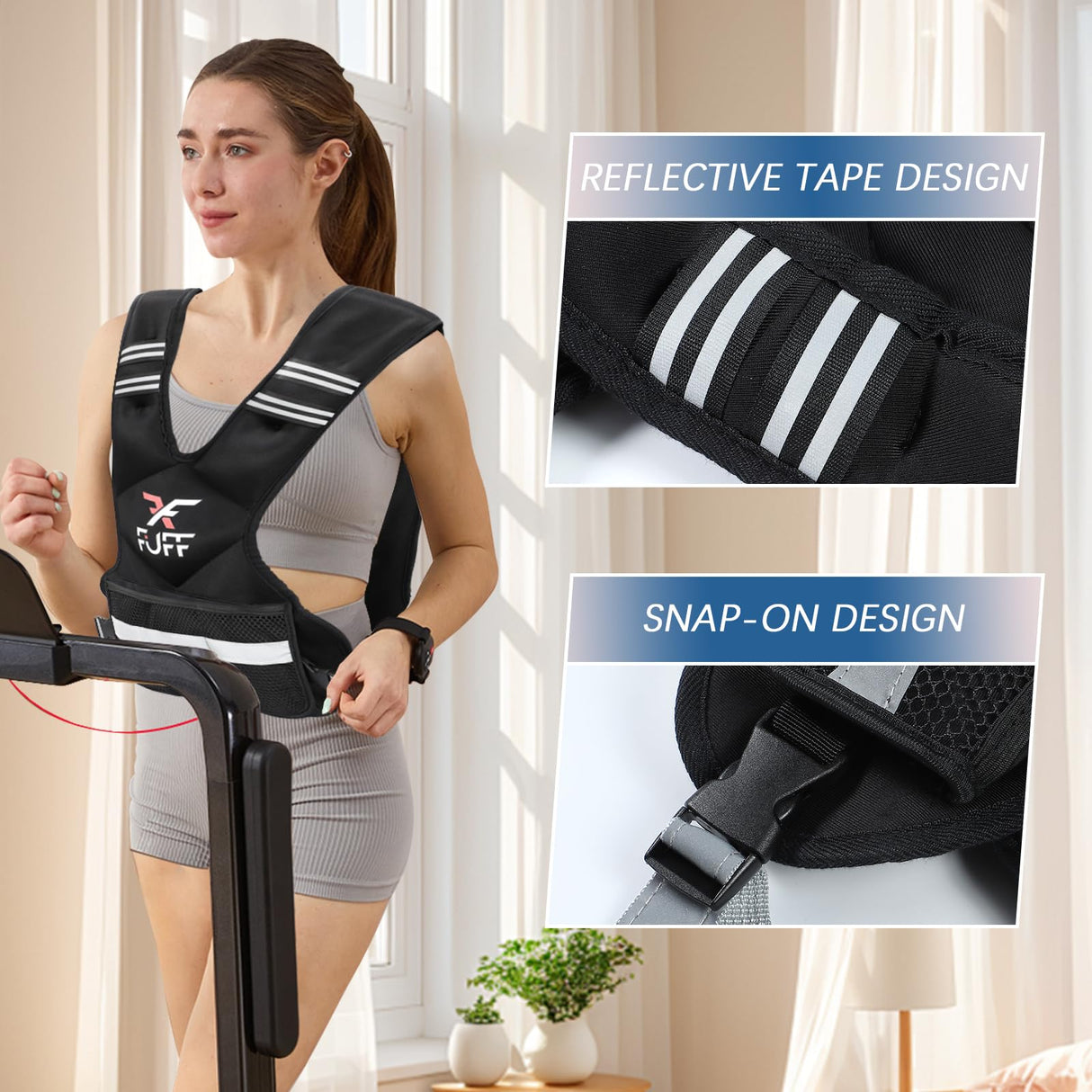 FUFF Adjustable Weighted Vest for Women & Men,4-10lb Vest with 6 Ironsand Weights for Strength Training,Weight Vest with Reflective Strip for Running Walking Exercise Workout