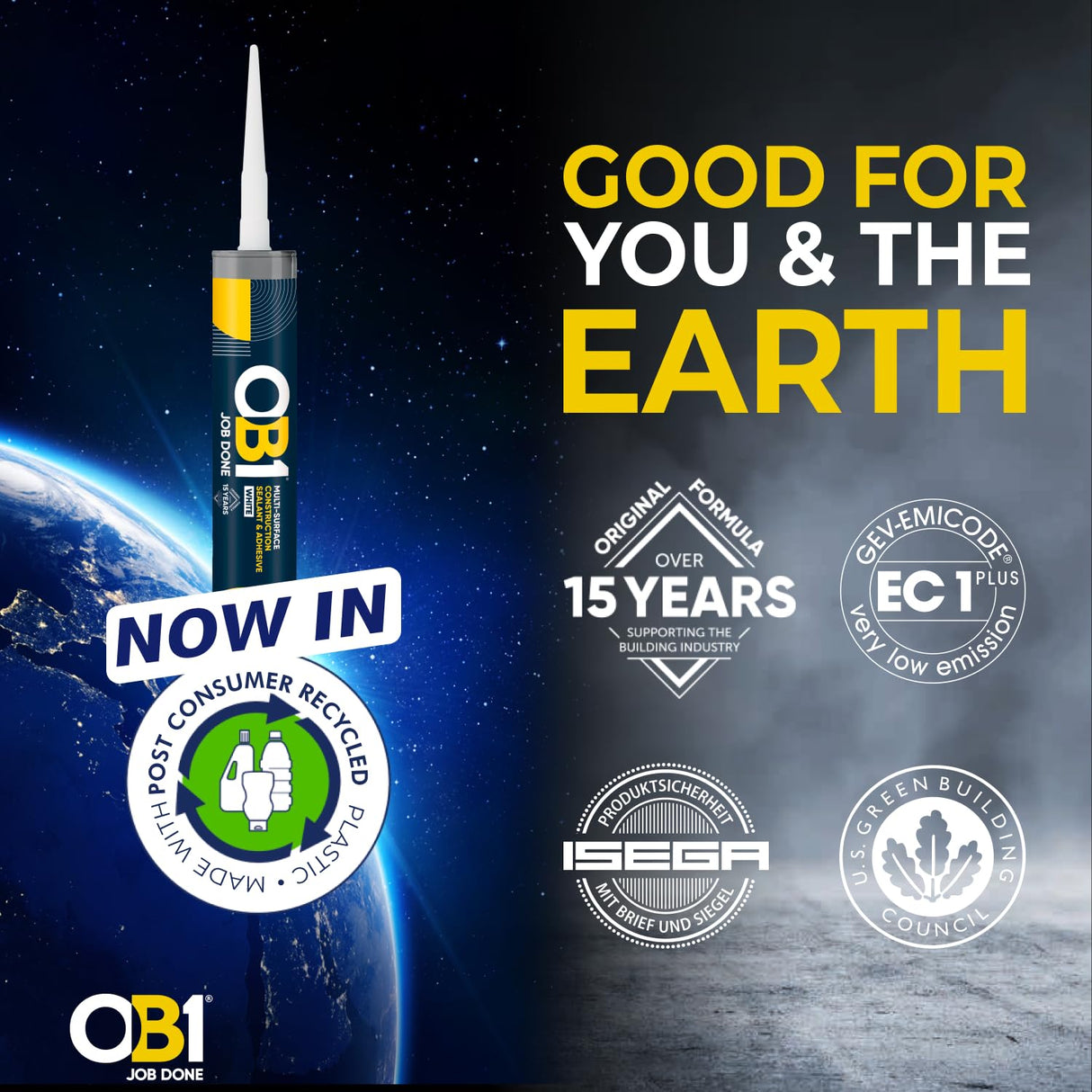 OB1 White Multi-Surface Construction Sealant & Adhesive - Hybrid Technology - Excellent Chemical Resistance - Water Resistant - Weather Resistant - Food Safe - 290ml