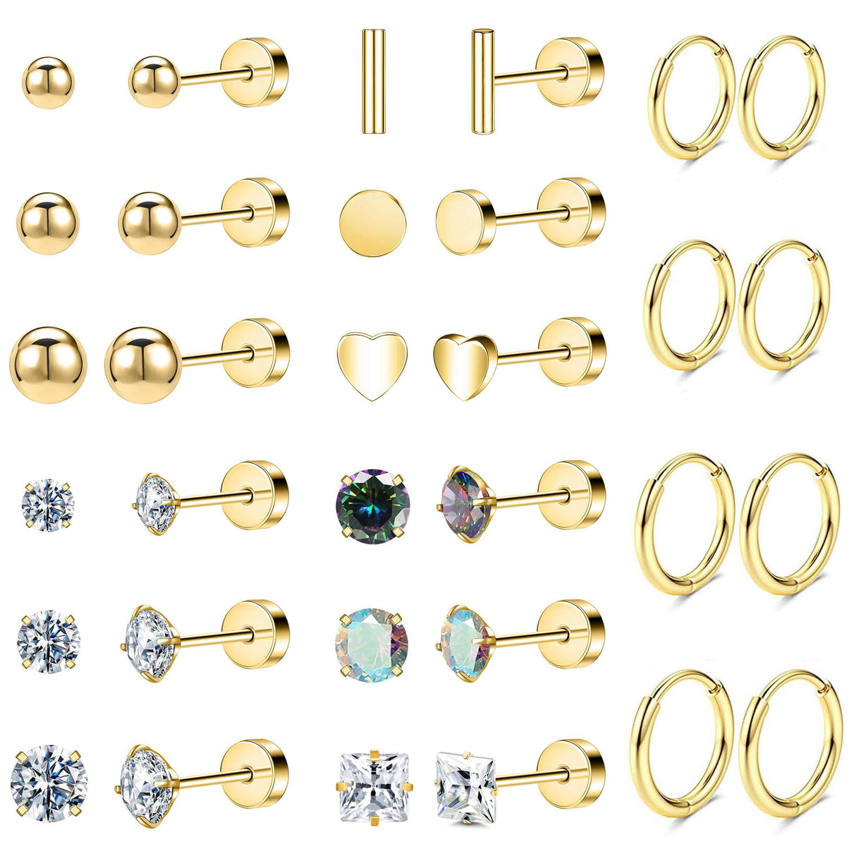 Hypoallergenic Titanium Earrings for Sensitive Ears 14K Gold Plated Opal Ball CZ Heart Flat Back Earrings for Women Men Small Surgical Steel Flatback Stud Hoop Cartilage Earring Set for Multiple Piercing (D-Gold Tone-16Pairs)