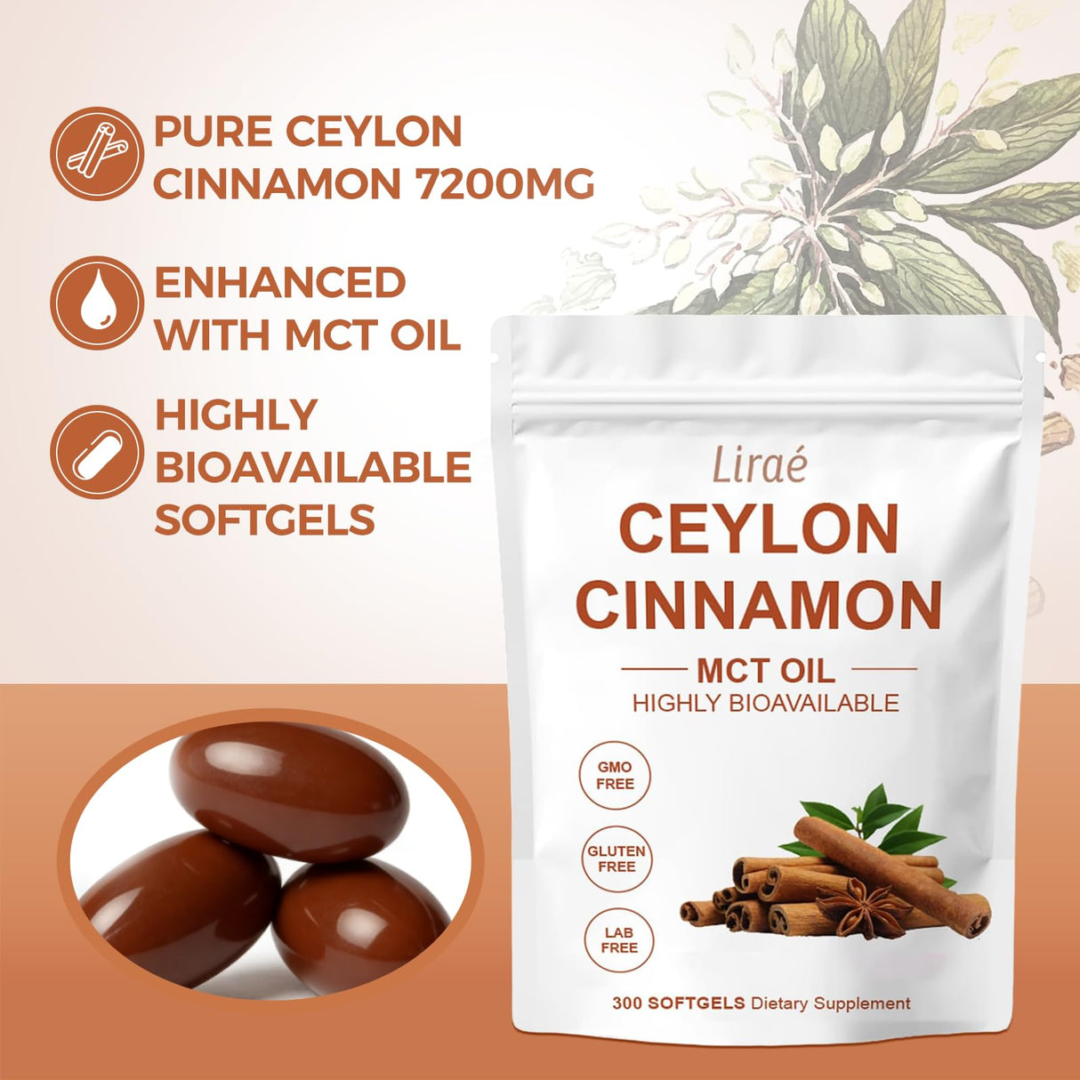 LIRAE Ceylon Cinnamon Ceylon Cinnamon Soft Gels Equivalent with Mct Oil, Highly Bioavailable Herbal Extract | Non-GMO, Gluten Free | 300 Softgel (3)