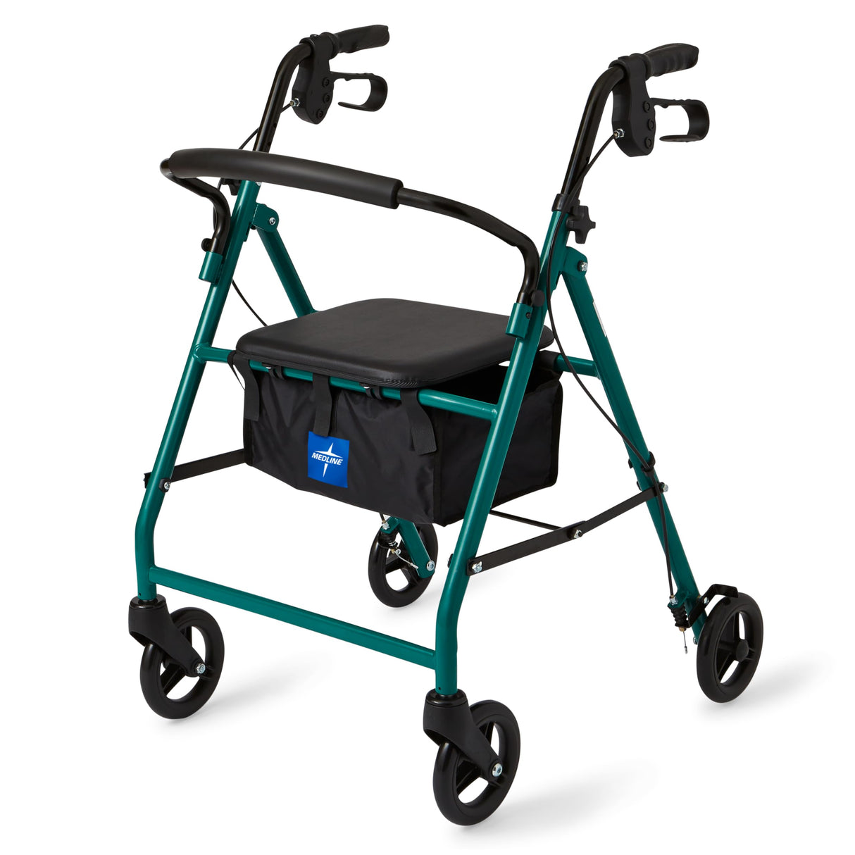 Medline Aluminum Rollator Walker with Seat, Green, 250 Lb. Weight Capacity, Lightweight, 6” Wheels, Foldable, Adjustable Handles, Rolling Walker for Seniors