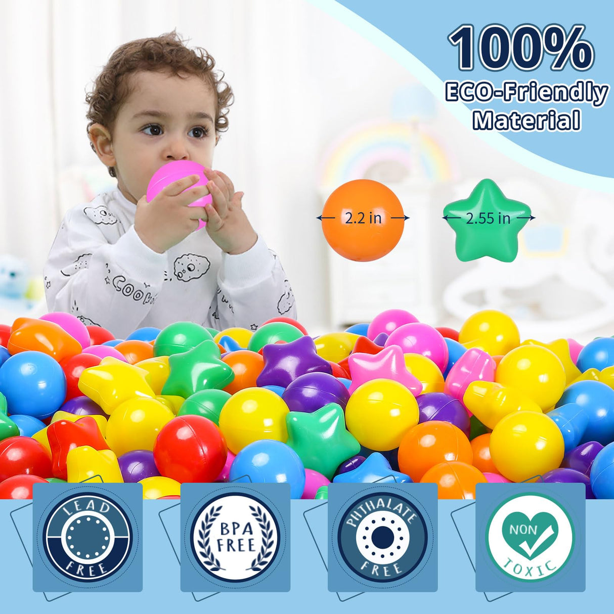 STARBOLO Ball Pit Balls - 200 Bulk Mixed Rainbow Stars Crush Proof Plastic Children's Toy Balls Star Ocean Balls for Birthday Party Christmas Water Toy Indoor Outdoor