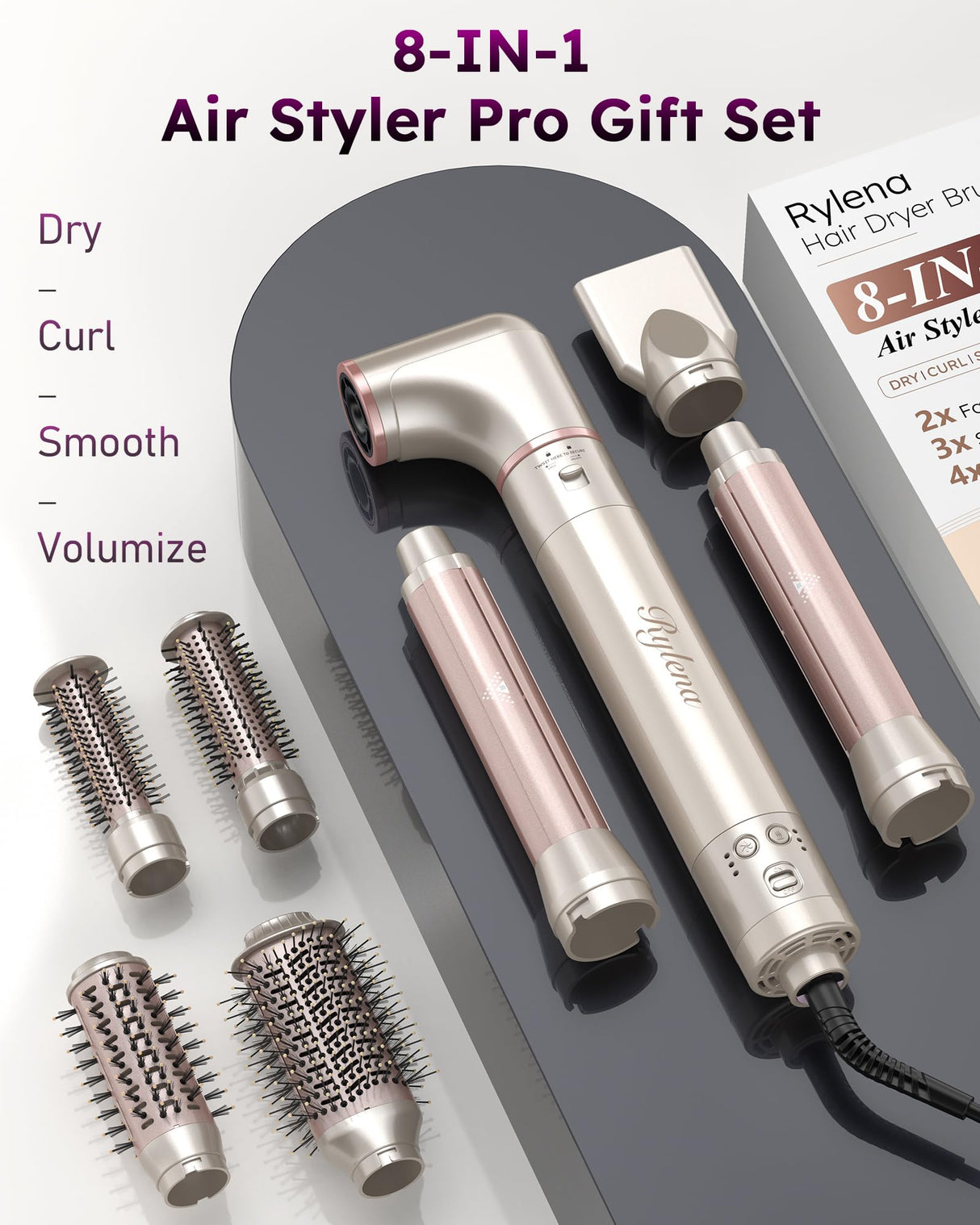 Deluxe 8-in-1 Air Styler Pro 2025 by Rylena, Hair Dryer Brush for Fast Drying, Auto Curling, Smoothing&Volumizing, 8 Attachable Heads, 110,000 RPM High-Speed Multi Styler, 600M Ionic Care, Stone