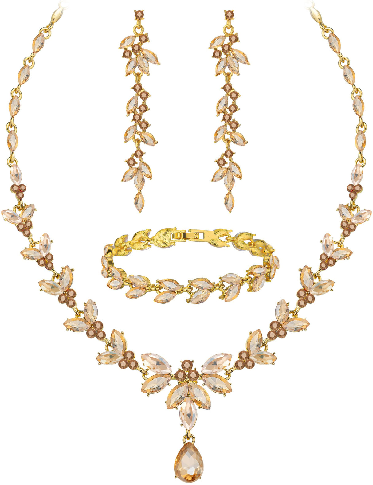 Paxuan Wedding Jewelry Sets for Bride Bridesmaid Bridal Jewelry Set for Women Wedding Crystal Necklace Earrings Bracelet Set for Party Prom Jewelry (Champagne - 14K Gold)