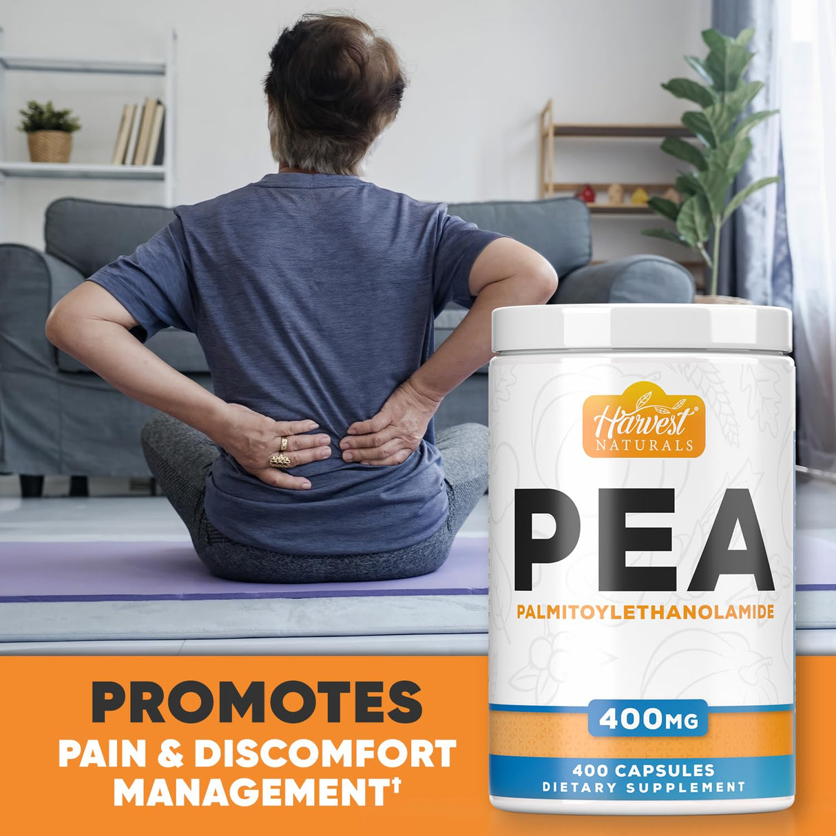 HARVEST NATURALS Palmitoylethanolamide Capsules | Pea 400mg | 400 Pill Count | Promotes Natural Inflammation & Discomfort Relief