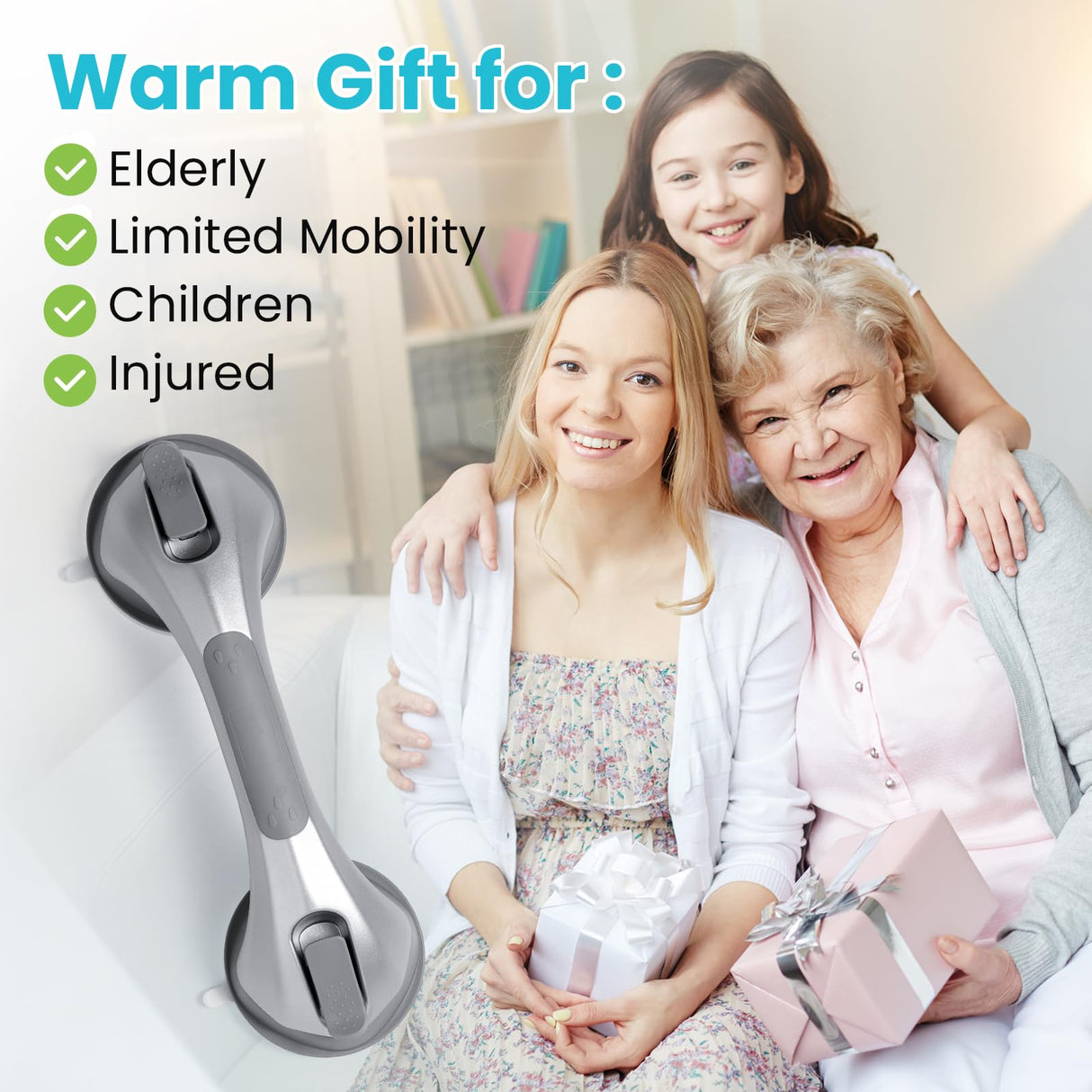 TAILI Shower Handles for Elderly Suction, 2 Pack 12 Inch Shower Grab Bars for Seniors, Grab Bars for Bathtubs and Showers, No Drilling Removable Safety Shower Grip, Silver