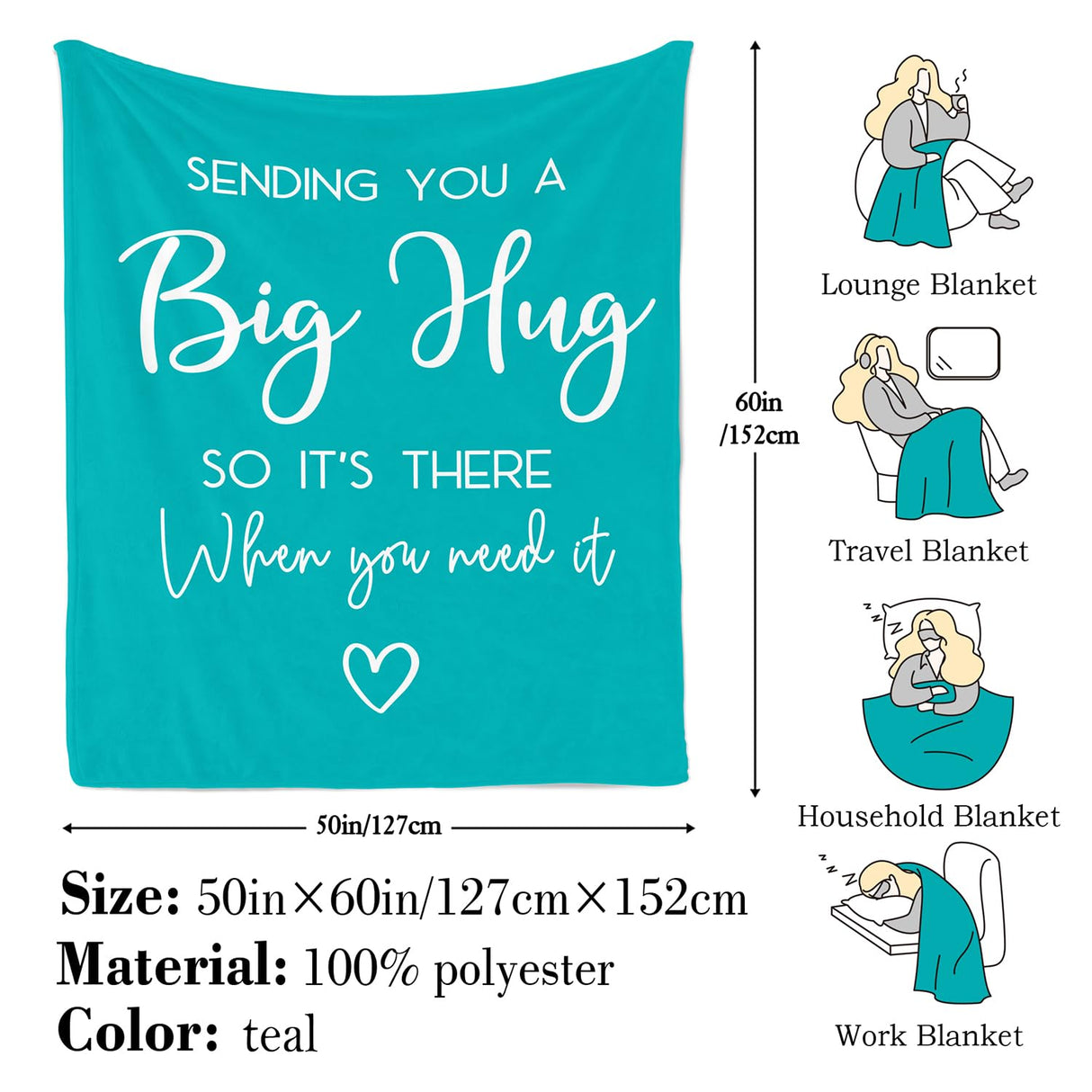 Pubrave Gifts for Women, Thinking of You/Cheer Up/Inspirational Gifts for Christmas/Birthday/Get Well, Hug/Love Blanket Teal 60x50in