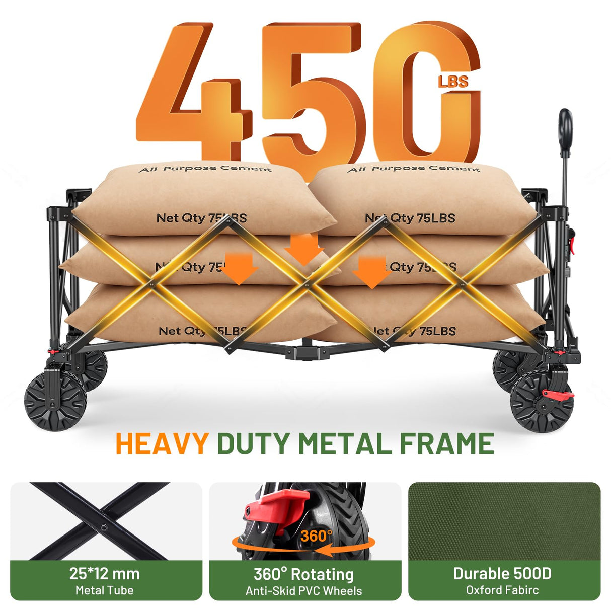 Timber Ridge 51.2'' Extended Collapsible Wagon Cart with Brakes and Cargo Net, Heavy Duty Foldable Utility Wagon with Adjustable Handle, 400L Capacity Portable Cart for Camping Sports Shopping