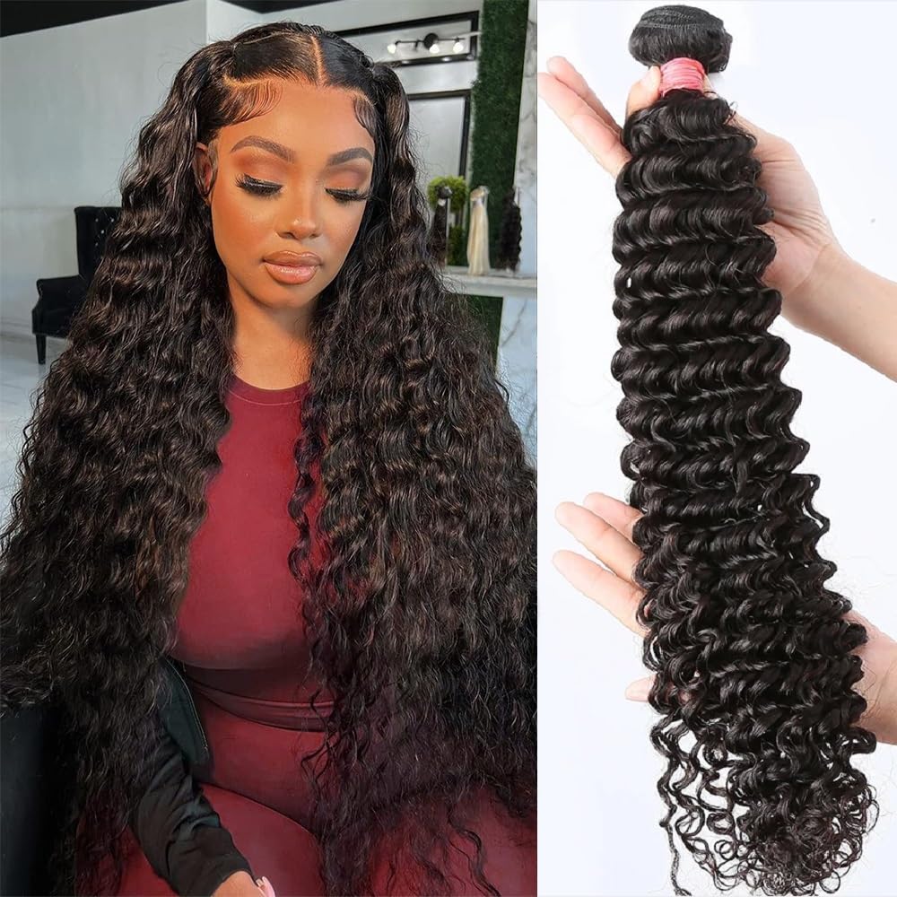 12A Deep Wave Human Hair Bundles 30 Inch Brazilian Deep Wave Curly 1 Single Bundles Human Hair 100% Unprocessed Virgin Remy Wet and Wavy Hair Weave Natural Black