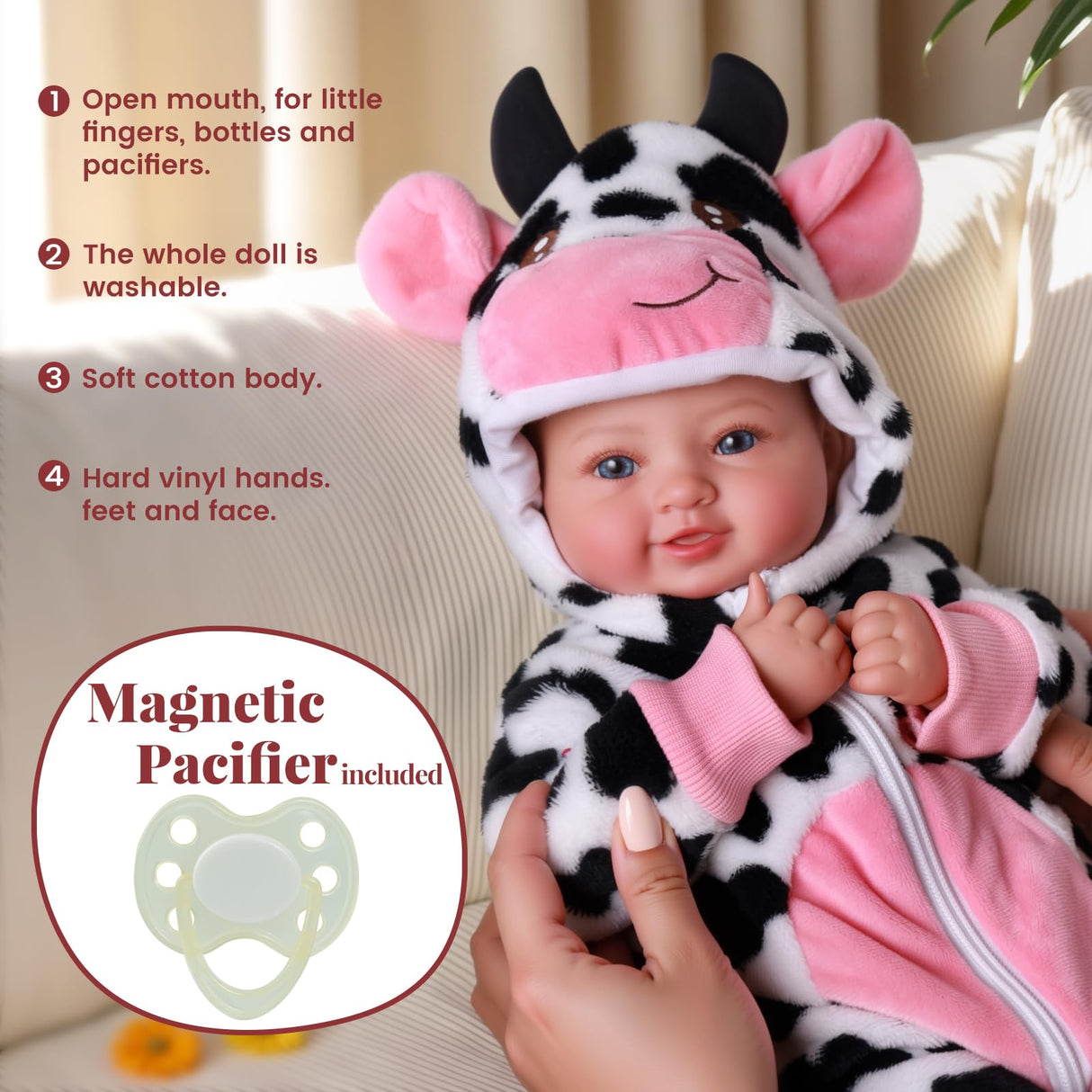 BABESIDE Baby Doll Girl - 17-Inch Soft Body Realistic Baby Doll with Blue Eyes and Cow Outfit Real Life Baby Dolls for 3 4 5 6 7 8 9 Years Girl Birthday Gifts, Pretend Play, Christmas & Collection