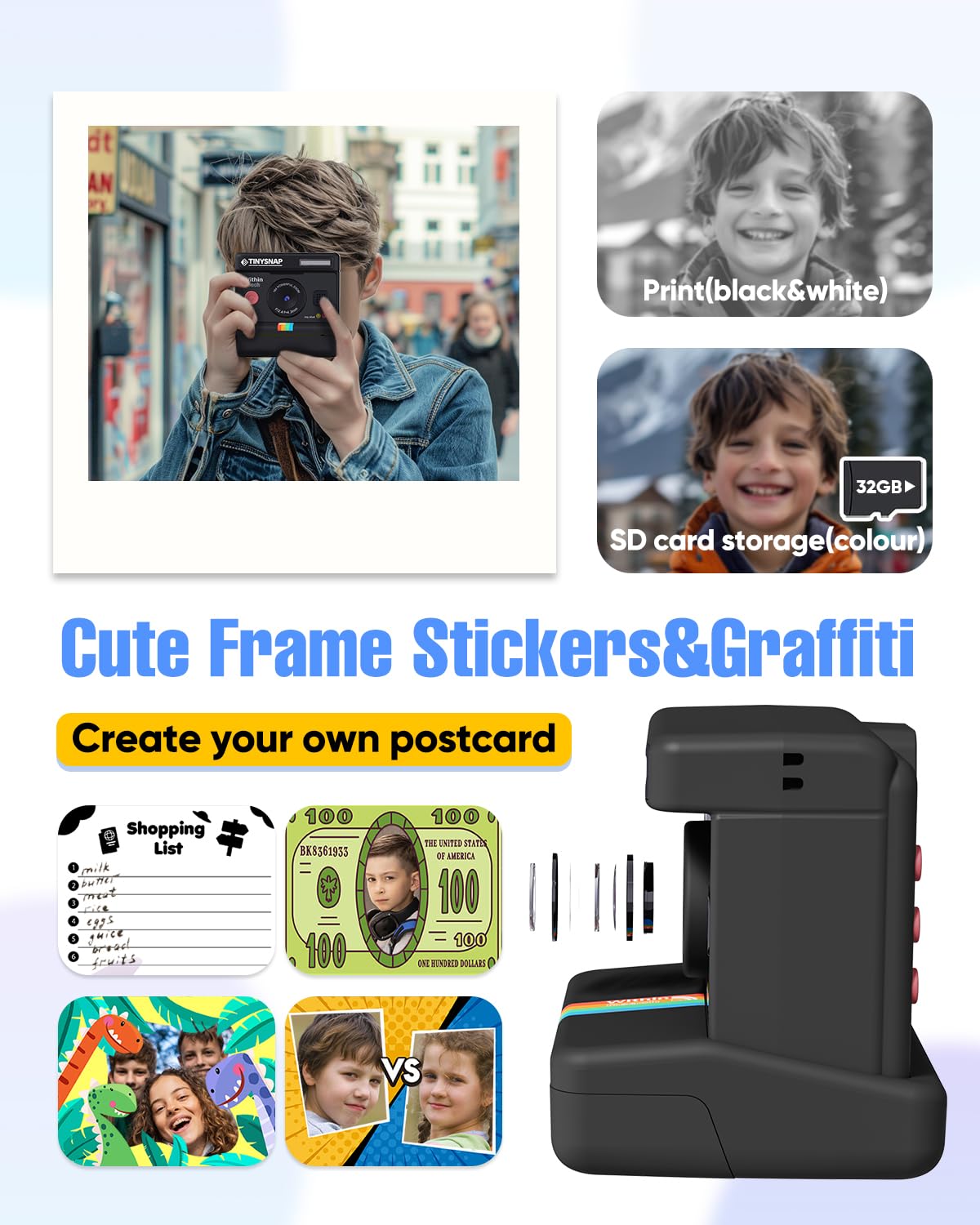 Eveedo Instant Print Camera for Kids,Dual Len Kids Cameras with 2.4 Inch Screen, Christmas Birthday Gifts for Girls Age 3-12, Portable Toddler Toy for 3 4 5 6 7 8 9 10 Year Old Girls Boys (Black)