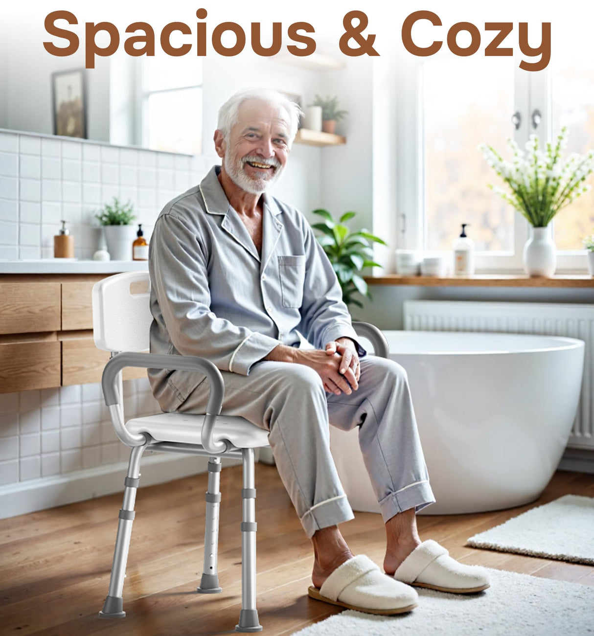 SOUNDFUSE Shower Chair for Inside Shower with Arms and Back, FSA/HSA, Height Adjustable Shower Chair for Elderly and Disabled with Enhanced Non-Slip Feet, 400 lbs Heavy Duty Shower Seat for Seniors