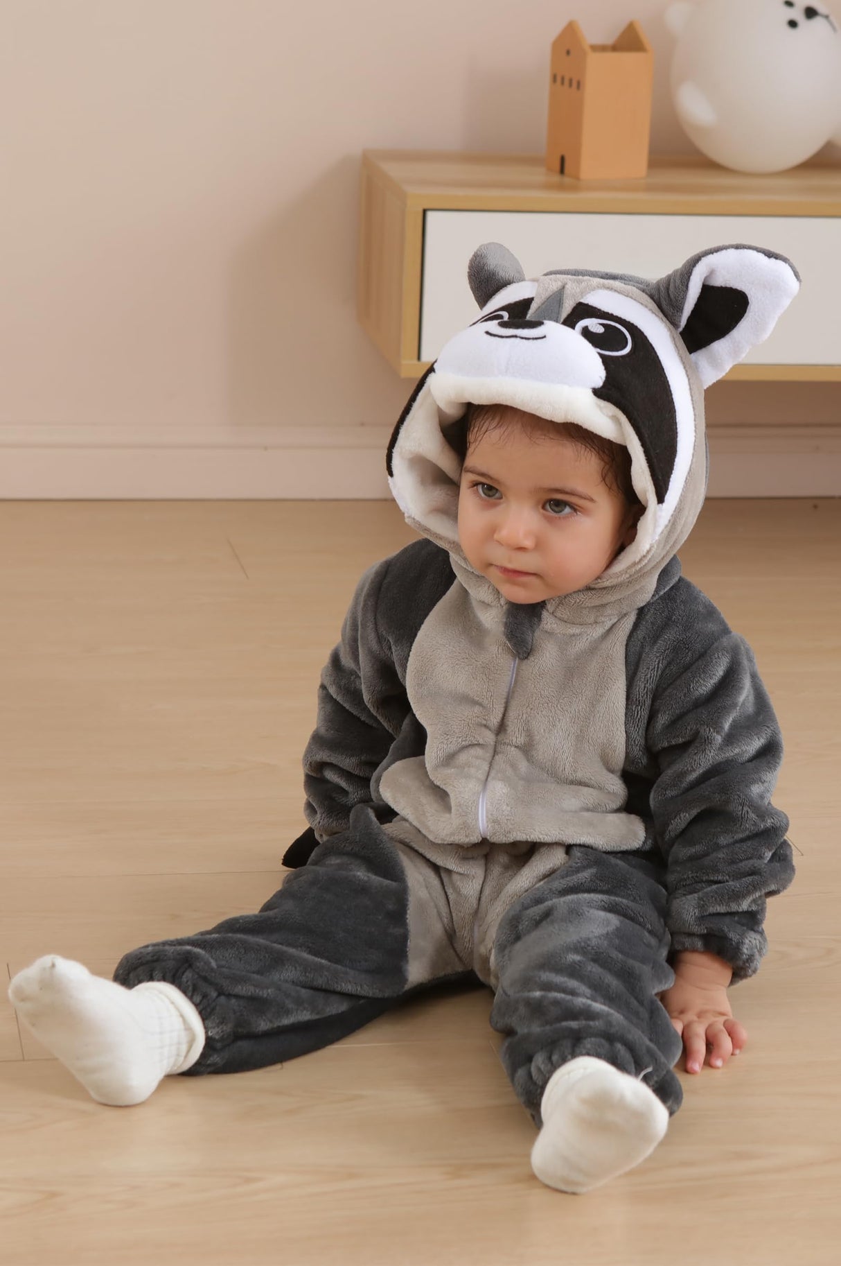 DarkCom Unisex Baby Animal Onesie Toddler Hooded Romper Halloween Cosplay Grey Raccoon Costumes Kids' Christmas Gifts 6-12 Months