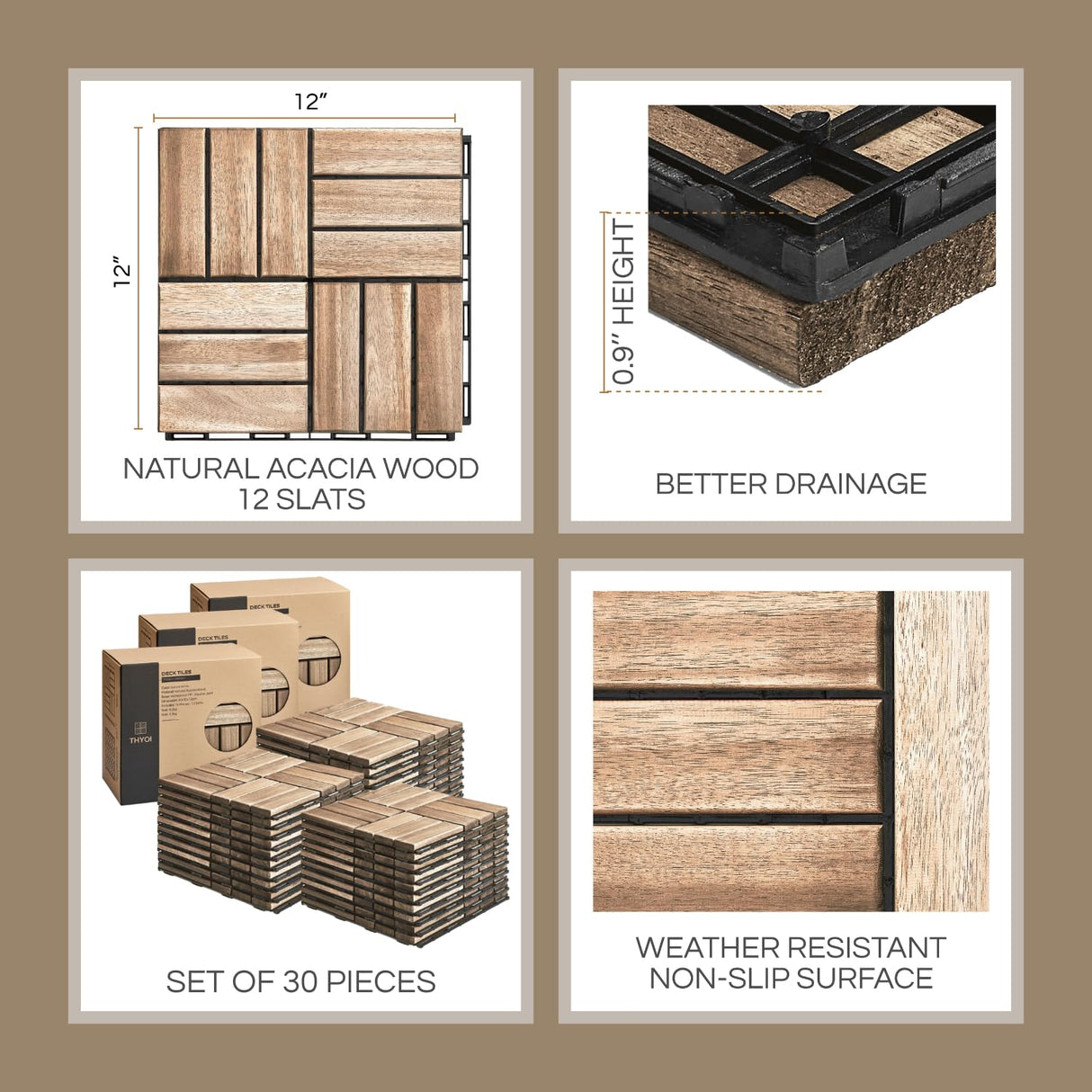 THYOI 30 Pcs Deck Tiles, Patio Flooring - Outdoor Waterproof Acacia Wood Tiles for All Weather Use - Balcony, Backyard, Indoor & Outdoor (White Crossed Pattern, 30 Square Ft)