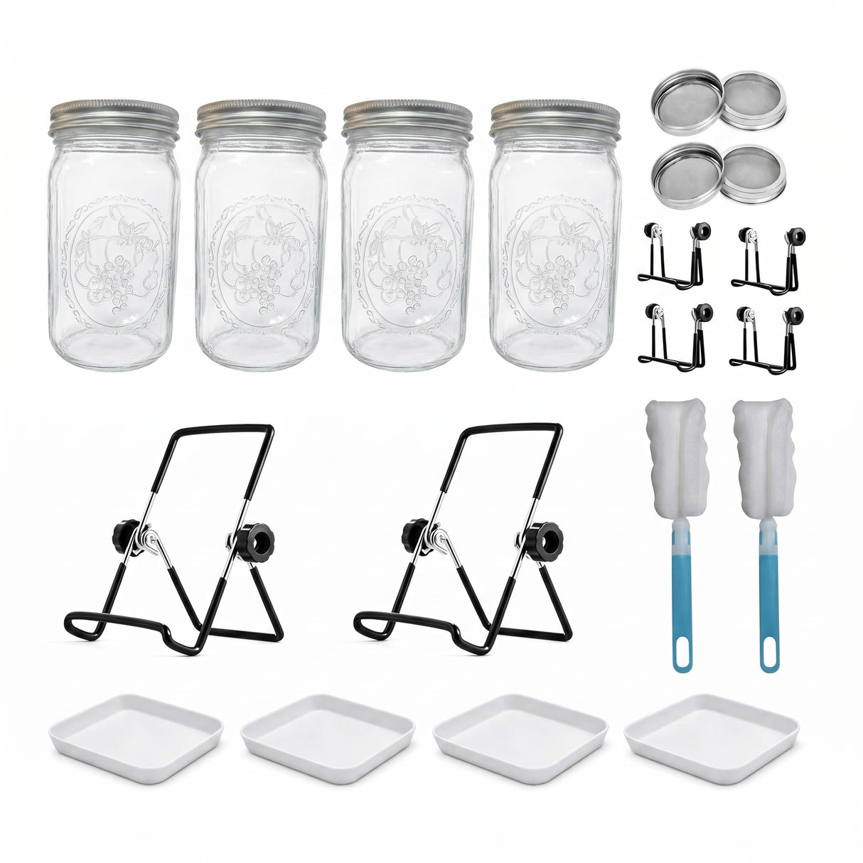 4 Large 1000ML Wide Mouth Mason Jar Sprouting Kit, with Stainless Steel Stand, Drain Tray & Cleaning Brush, High Germination for Beans, Broccoli, Fresh Sprouts