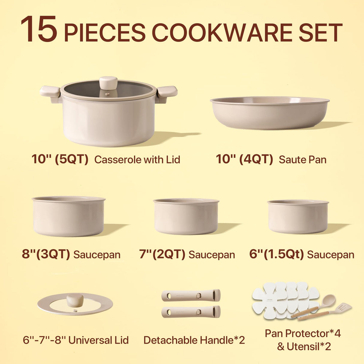 CAROTE 15pcs Ceramic Cookware Set, Pots and Pans Set Non Stick, Induction Kitchen Casserole Sets, Non Stick RV Set with Detachable Handle, Dishwasher/Oven Safe, Taupe