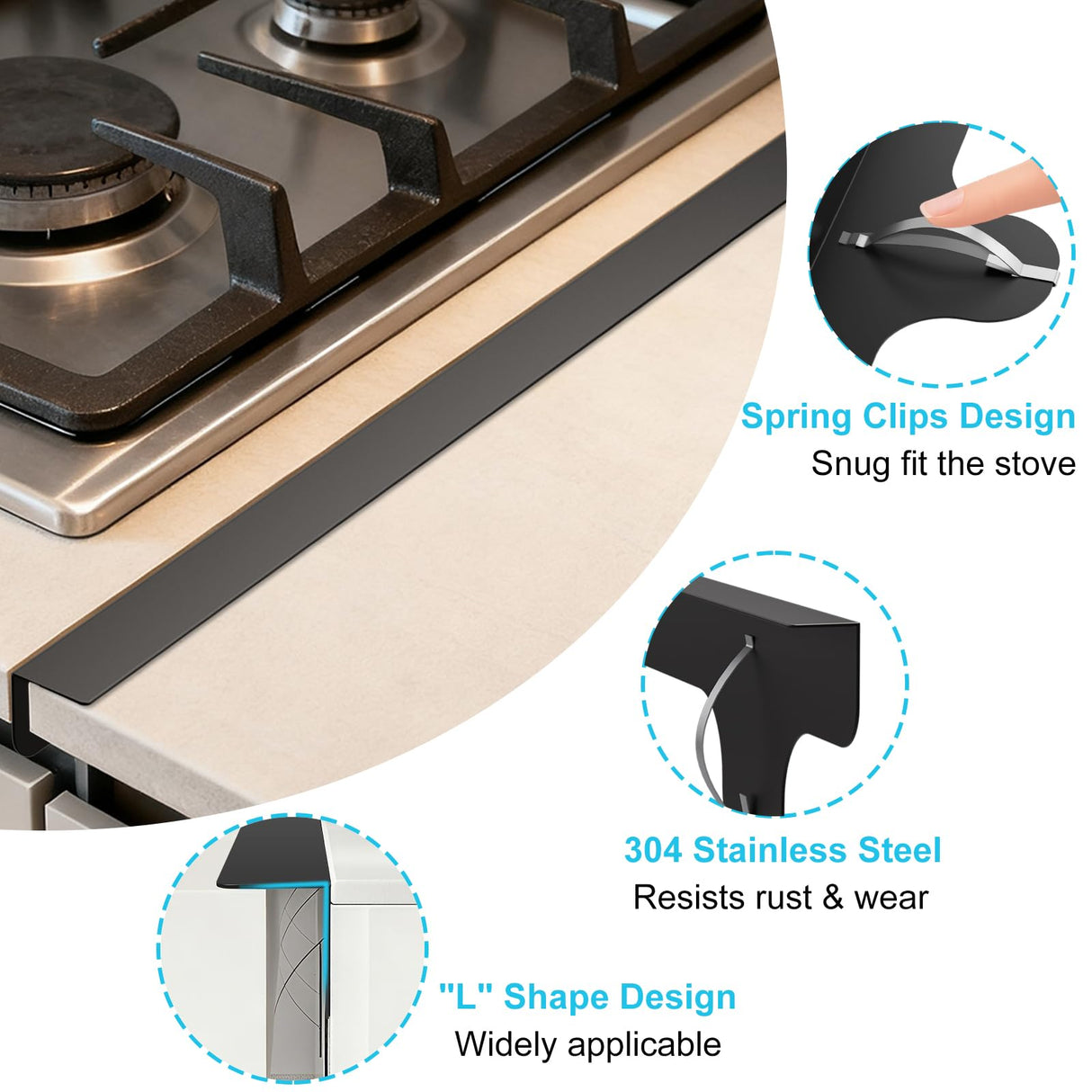 Stove Gap Covers - 2 Pack Stainless Steel Stove Gap Filler, Heat Resistant Oven Gap Filler - Length 23.4" Width 0.79", Spring Clip Design Non-Slip Stove Guard Between Stove Top & Counter - Black