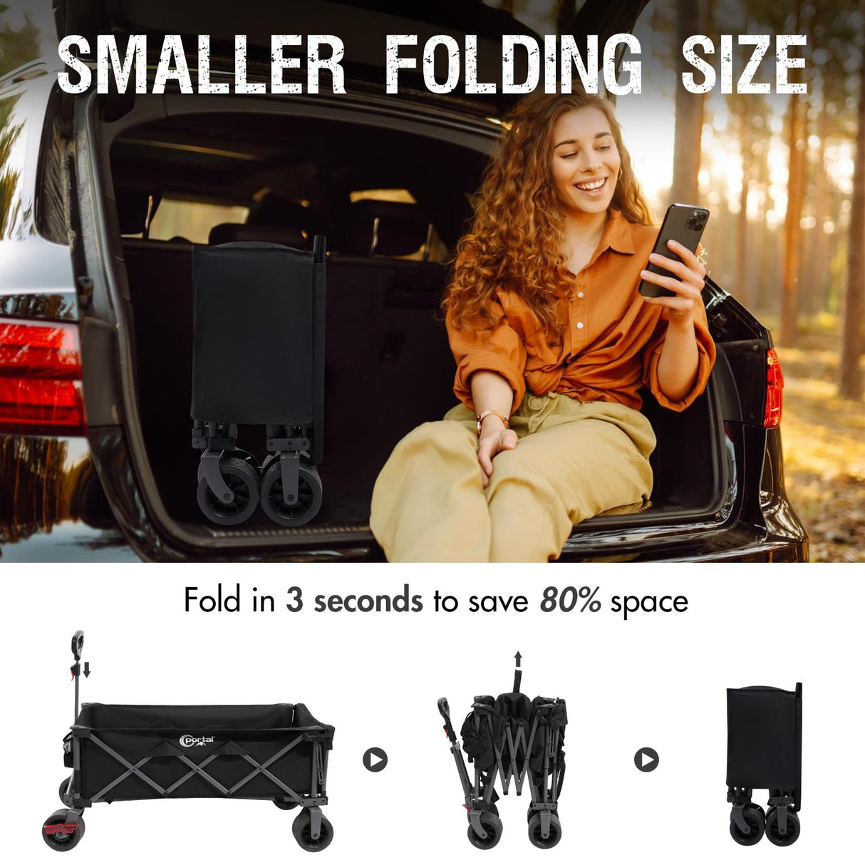 Portal 26" Extra Wide 55" Long Foldable Wagon with Tailgate, Large 600L Collapsible Wagon with Cargo Net, 500 LBs Heavy Duty Utility Cart with Big All-Terrain Wheels for Beach, Camping, Sports, Dogs