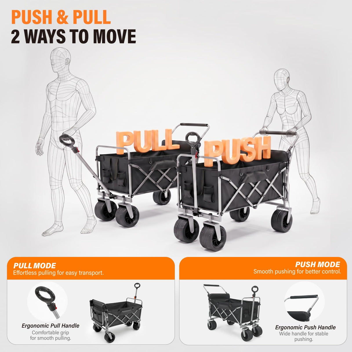 Collapsible Push & Pull Wagon with Drop Down Tailgate, 360lbs Heavy Duty Folding Shopping Cart with Big Wheels & Brakes for Sports, Groceries, Camping