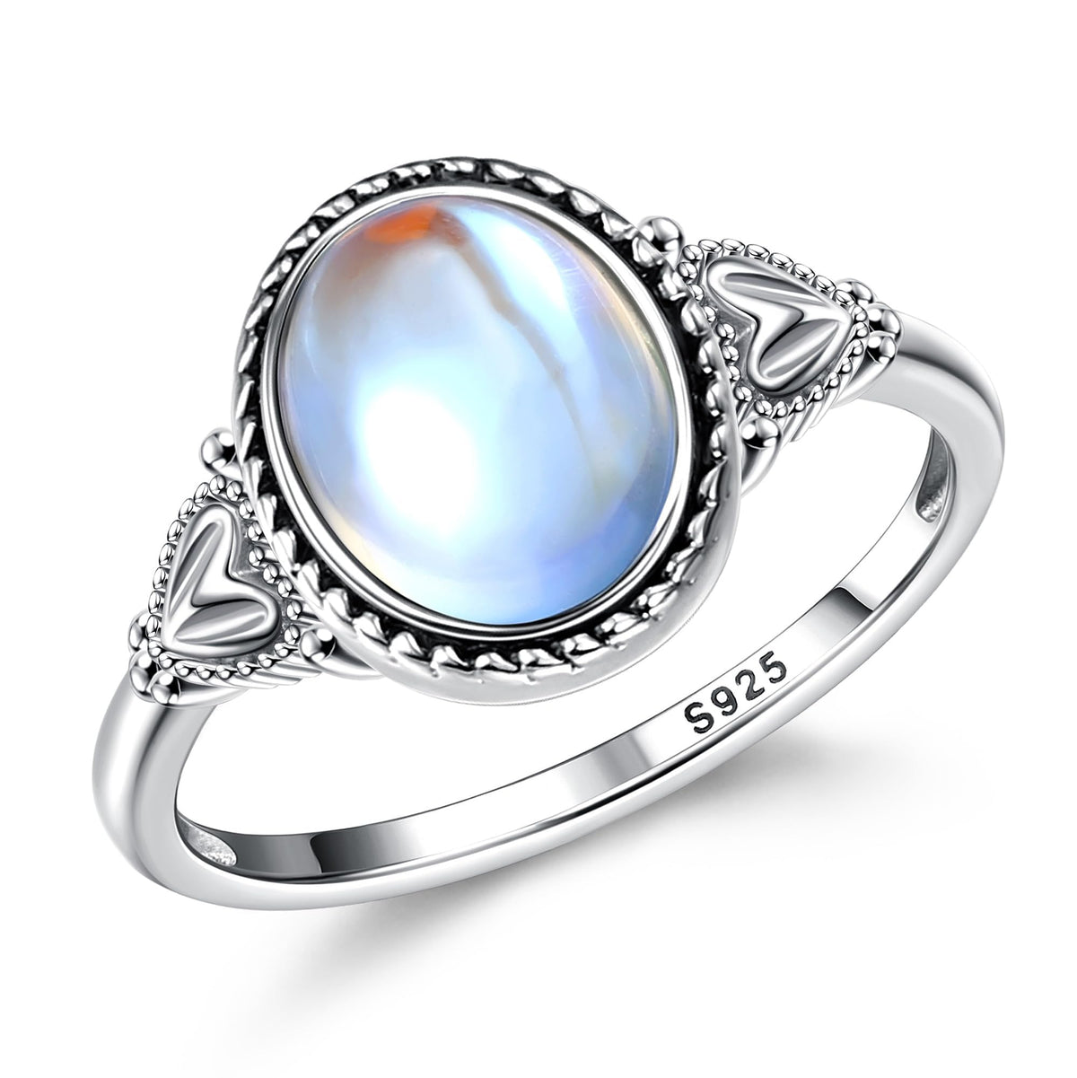 Florideco 925 Sterling Silver Moonstone Ring for Women 18K White Gold Plated Rainbow Moon Stone Rings Victorian Style Gemstone Solitaire Oval Moonstone Ring ML9