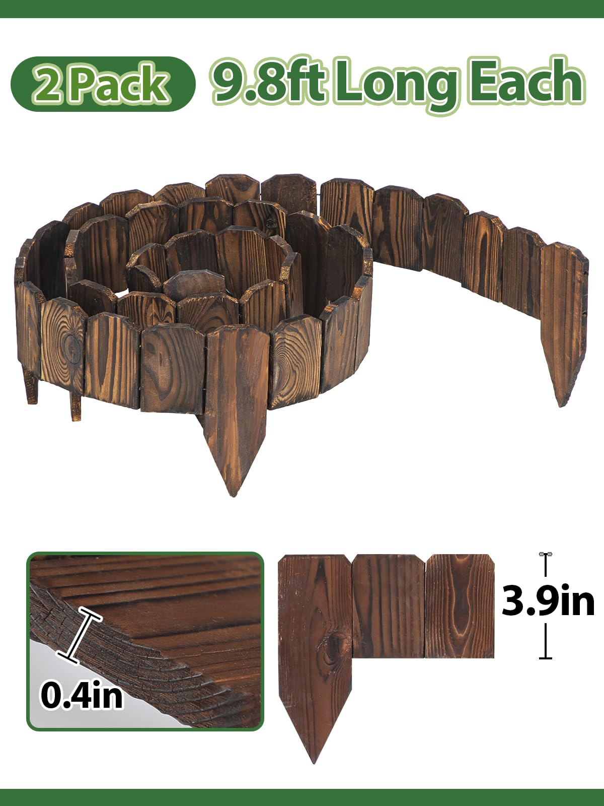 9.6ft L x 3.9in H Landscape Edging - 2 Pack Anti-Corrosive Wood Flower Bed Edging Borders, Garden Edging for Yard Path Lawn Decorative Tree Fence