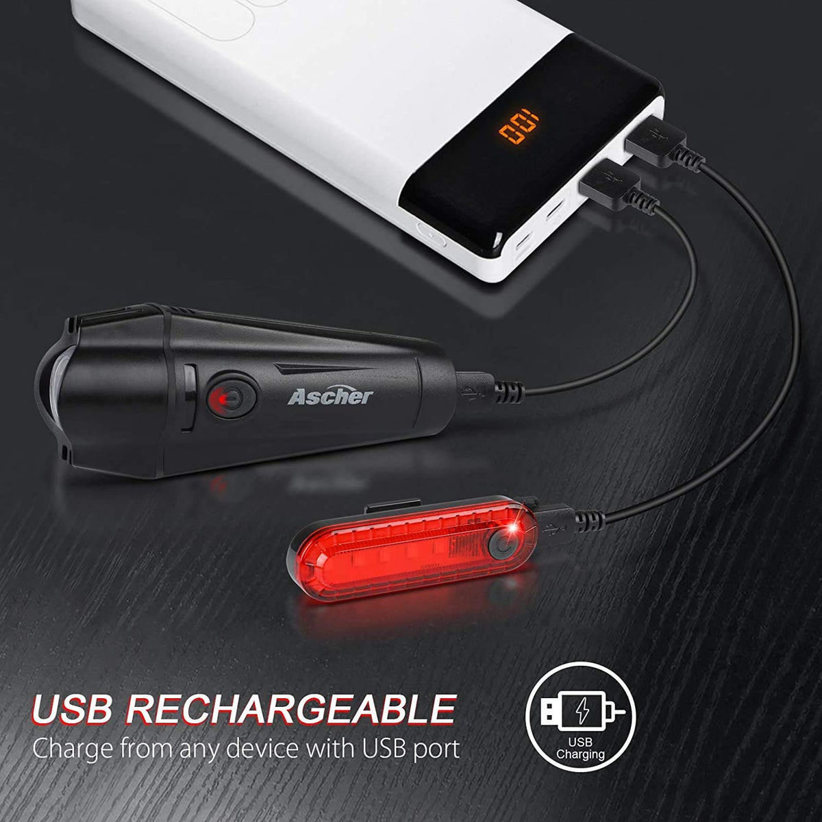 Ascher Ultra Bright USB Rechargeable Bike Light Set, Powerful Bicycle Front Headlight and Back Taillight, 4 Light Modes, Easy to Install for Men Women Road Mountain Cycling Black