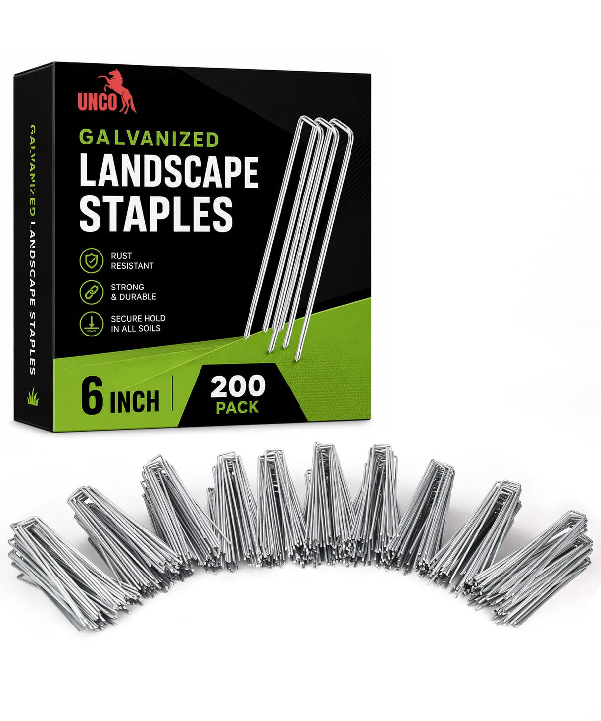UNCO- Galvanized Landscape Staples 6 Inch, 200 Pack, Garden Staples, U-Shaped Landscape Pins for Weed Barrier Cover, Ground Cover