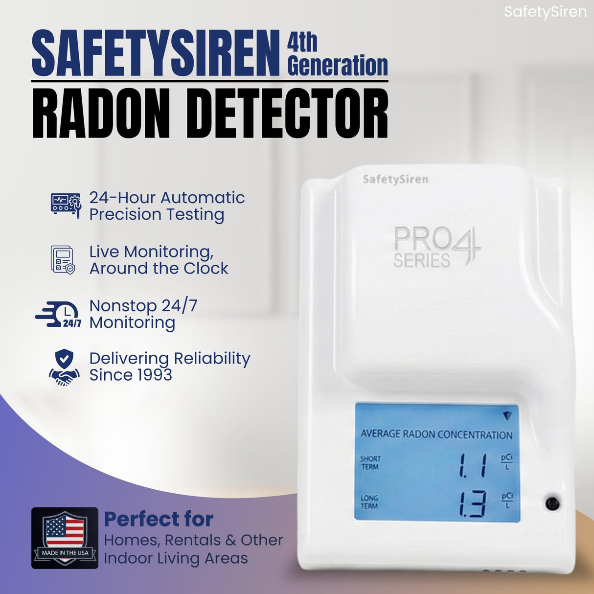 Safety Siren Pro4 Plug-in Radon Detector, Continuous Radon Gas Monitoring with Audible & Visual Alarms | Short & Long-Term Radon Detection for Home, Office, & Other Indoor Living Areas | Made in USA