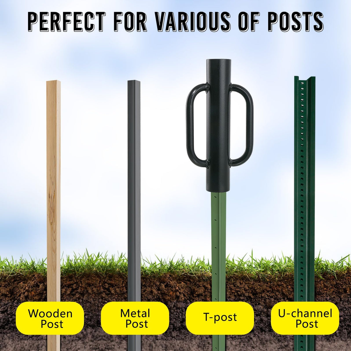 Fumingpal T Post Driver - 12LB Fence Post Driver Heavy Duty Hand Post Pounder with Handle Black Steel Rammer for U Fence Post Wooden Post Hole Diggers,Black