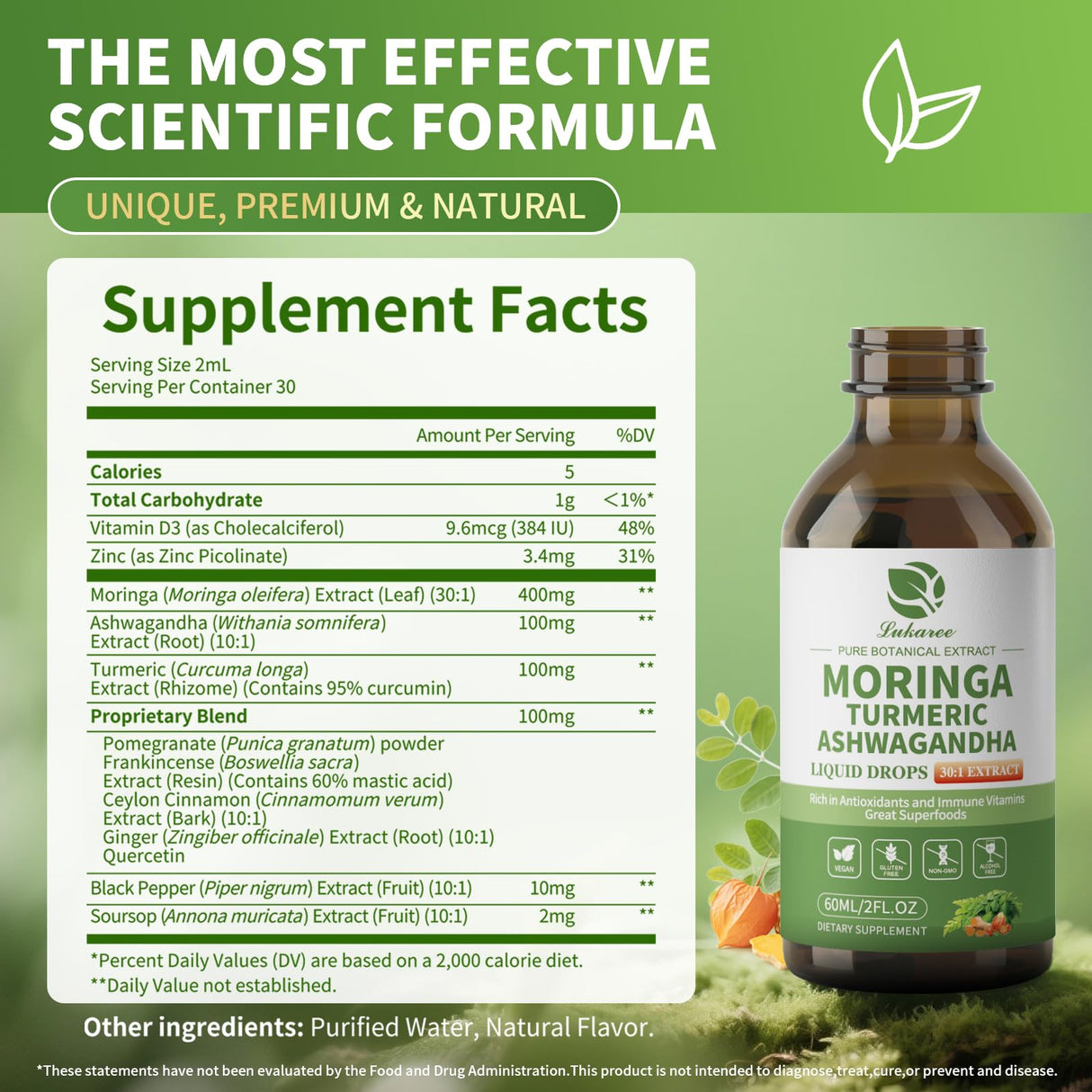 Lukaree 12-in-1 Lipsomal Moringa Leaf Drops with Ashwagandha Turmeric Quercetin, 98% Absorption & 30:1 Pure Moringa Extract for Energy Immune Joint Digestive Support, Vegan Non-GMO Gluten-Free
