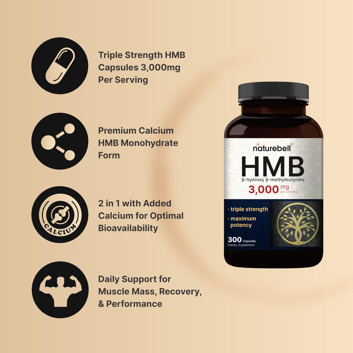 NatureBell HMB 3,000 mg Per Serving | 300 Capsules, 3X Triple Strength HMB Beta-Hydroxy Beta-Methylbutyrate Supplement – Lean Muscle Mass & Recovery Support – Non-GMO