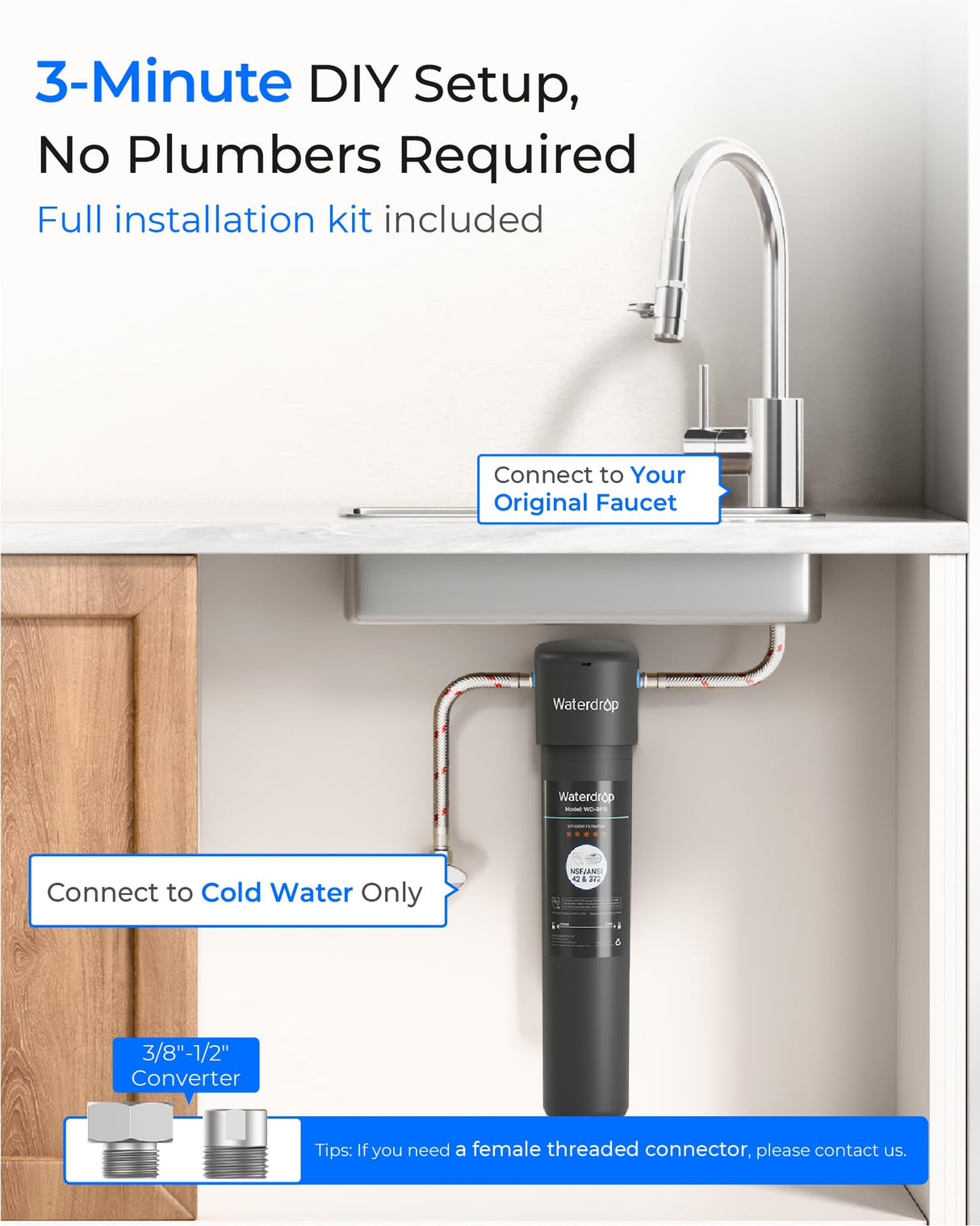 Waterdrop 15UA Under Sink Water Filter System, 2 Years, Reduces Lead, Chlorine, Bad Taste & Odor, Under Counter Water Filter Direct Connect to Kitchen Faucet, NSF/ANSI 42 Certified, USA Tech