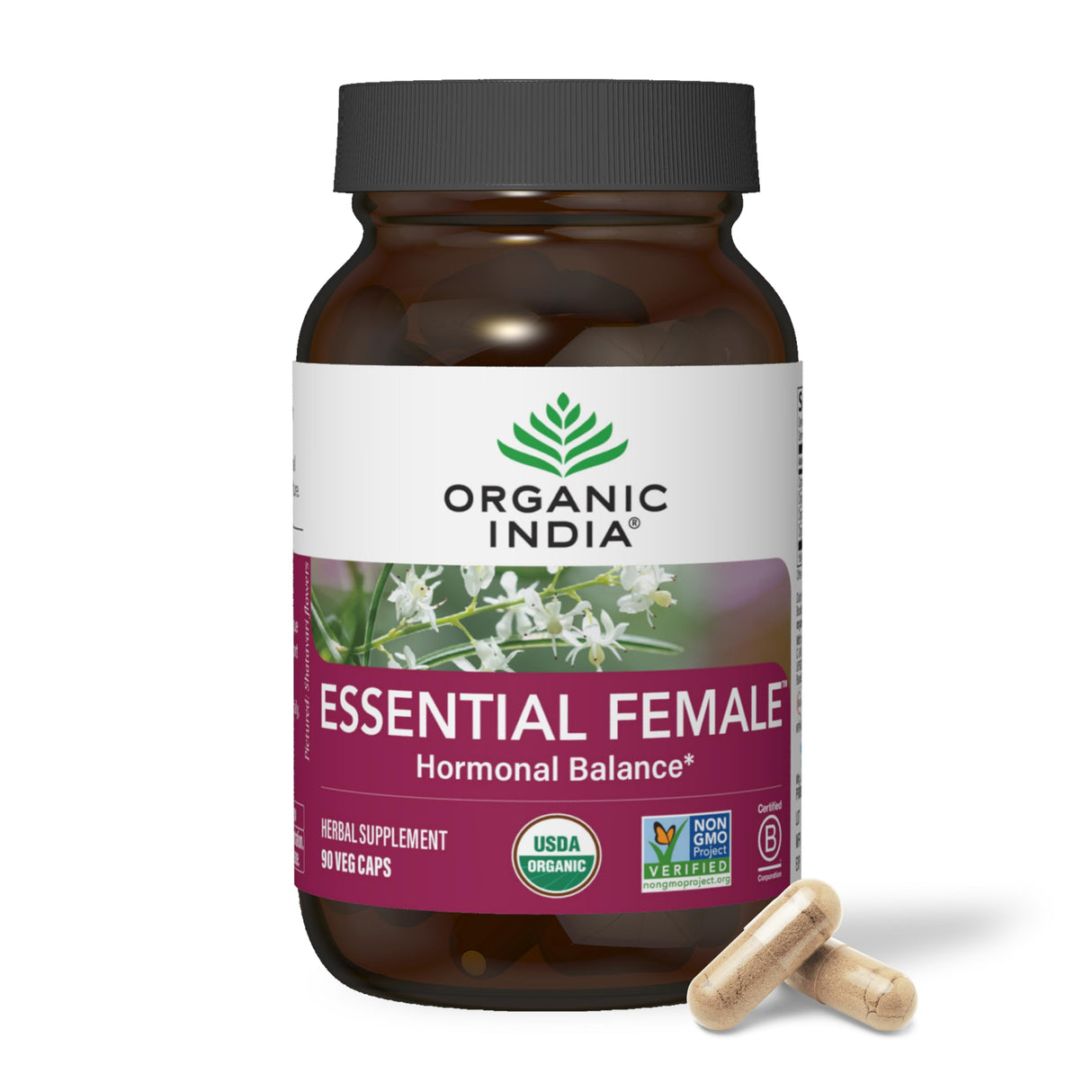 ORGANIC INDIA Essential Female Herbal Supplement - Hormonal Balance, Women's Formula, Reproductive Health, Adaptogen, Ayurvedic, USDA Certified Organic, Non-GMO - 90 Capsules