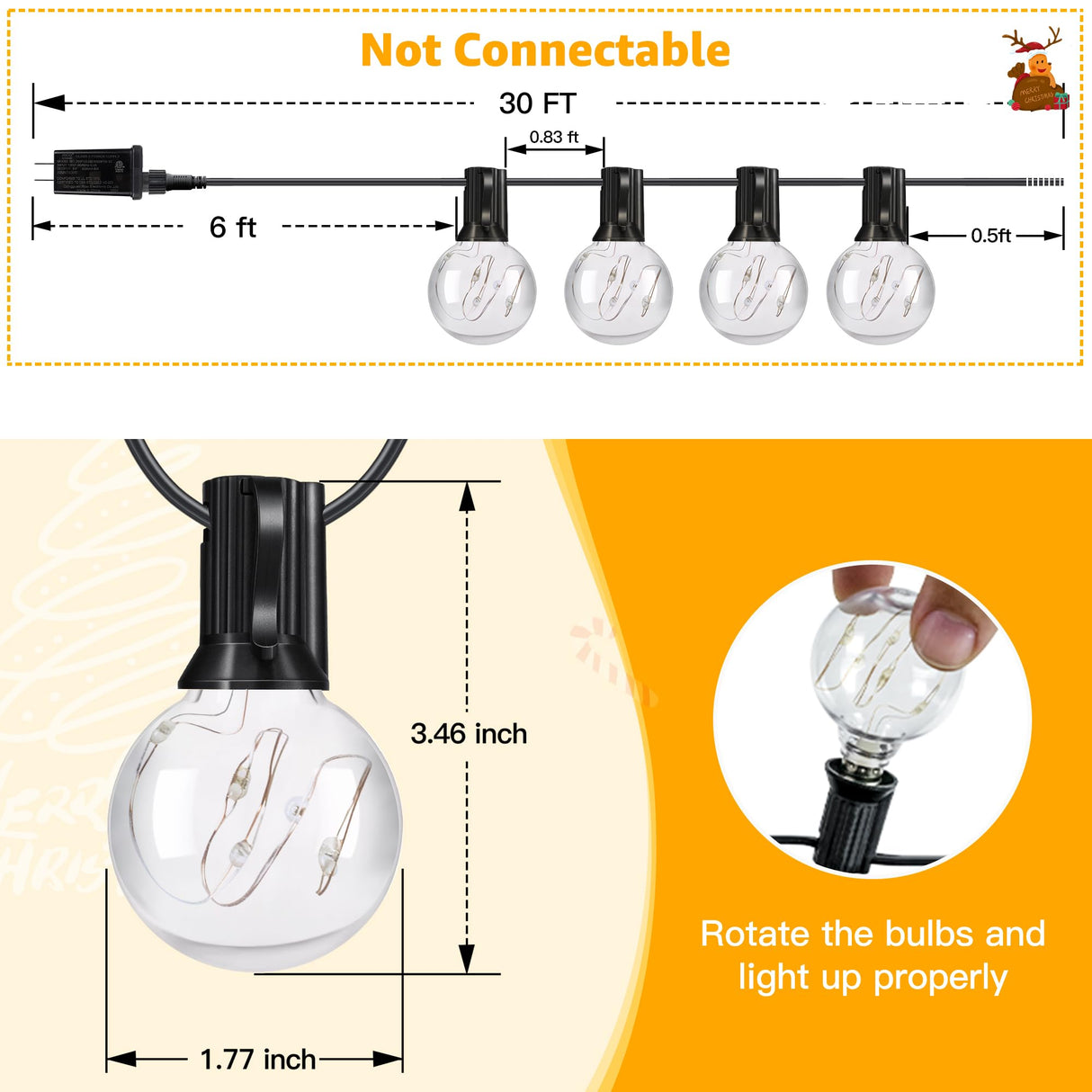 Ollny Christmas Lights 30FT 30Bulbs, RGBW Color Changing Outdoor Light, Plug in Remote Waterproof Shatterproof Timers G40 String Lights for Patio Balcony Porch Camping Deck Yard