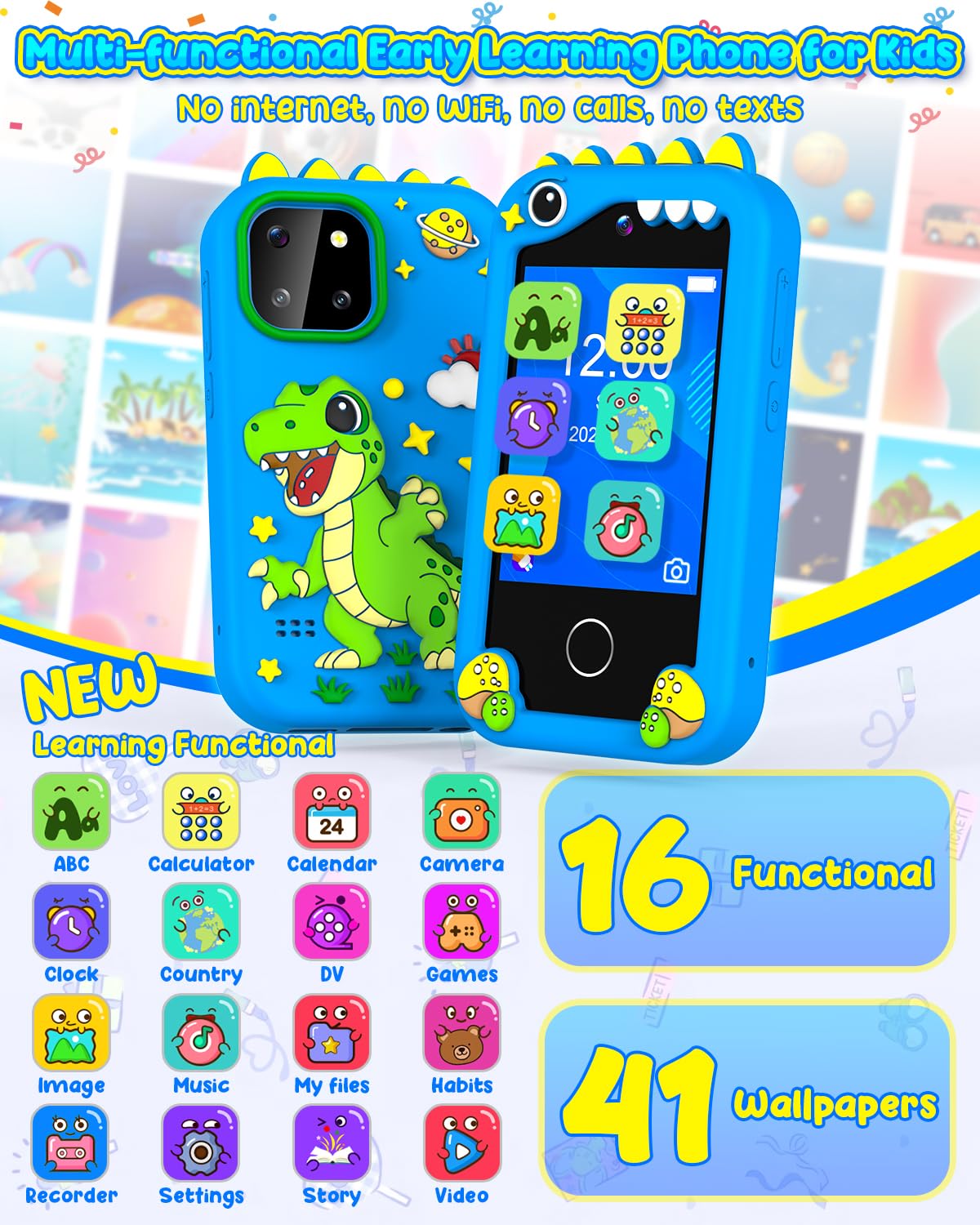 BESTOONE Kids Smartphone Toy for 3-8 Year Old Girls & Boys - No Internet/Calls, HD Camera, MP3 Player, Learning Games | Christmas Birthday Gift for Toddlers (Blue)