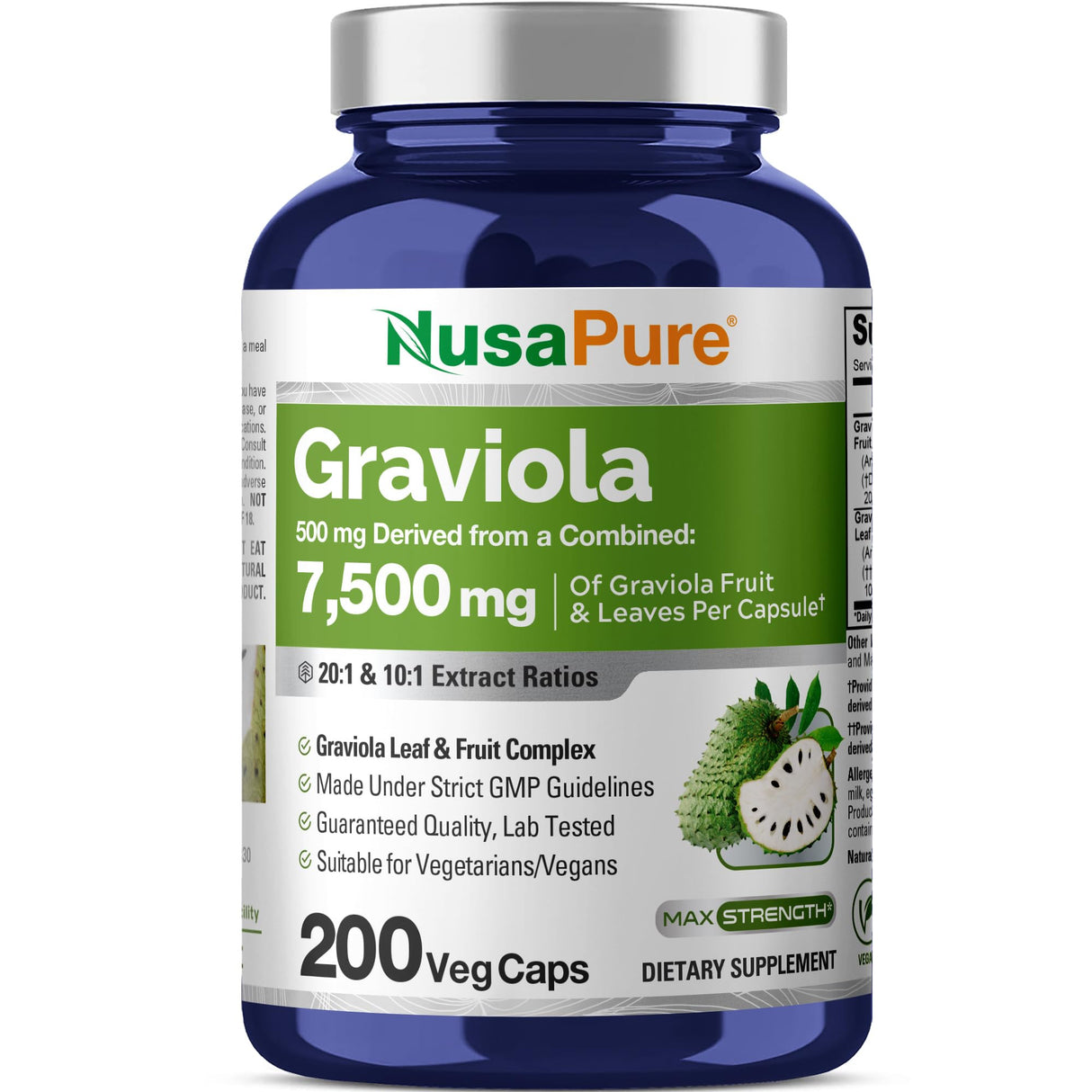 NusaPure Graviola 20:1 & 10:1 Extract, 250 mg Equivalent to 7,500 mg per caps 200 Veggie (Vegan, Non-GMO)