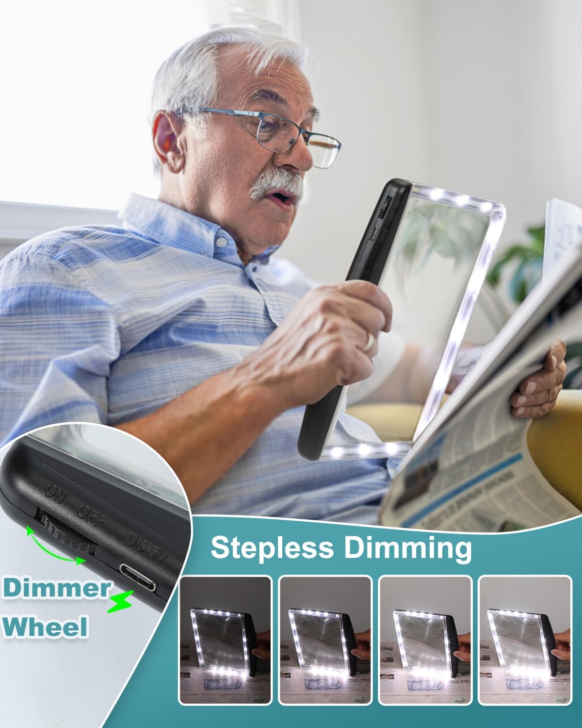 5X Rechargeable Magnifying Glass for Reading, Large Bright LED Lighted Full Page Magnifier, Lightweight Rectangular Handheld Magnifier with Light for Reading Small Prints for Seniors, Low Vision