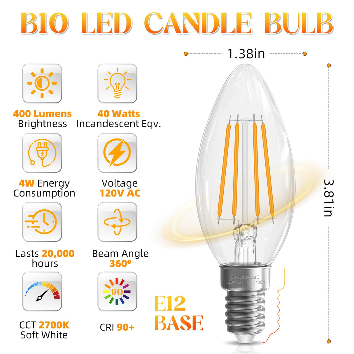 GvvooHome E12 Candelabra Bulb 40 watt Equivalent, E12 LED Bulb Non-Dimmable Chandelier Light Bulbs, B10 Candle Light Bulbs 2700K Soft White, 90+CRI, 400LM, Cear Glass, 12 Pack