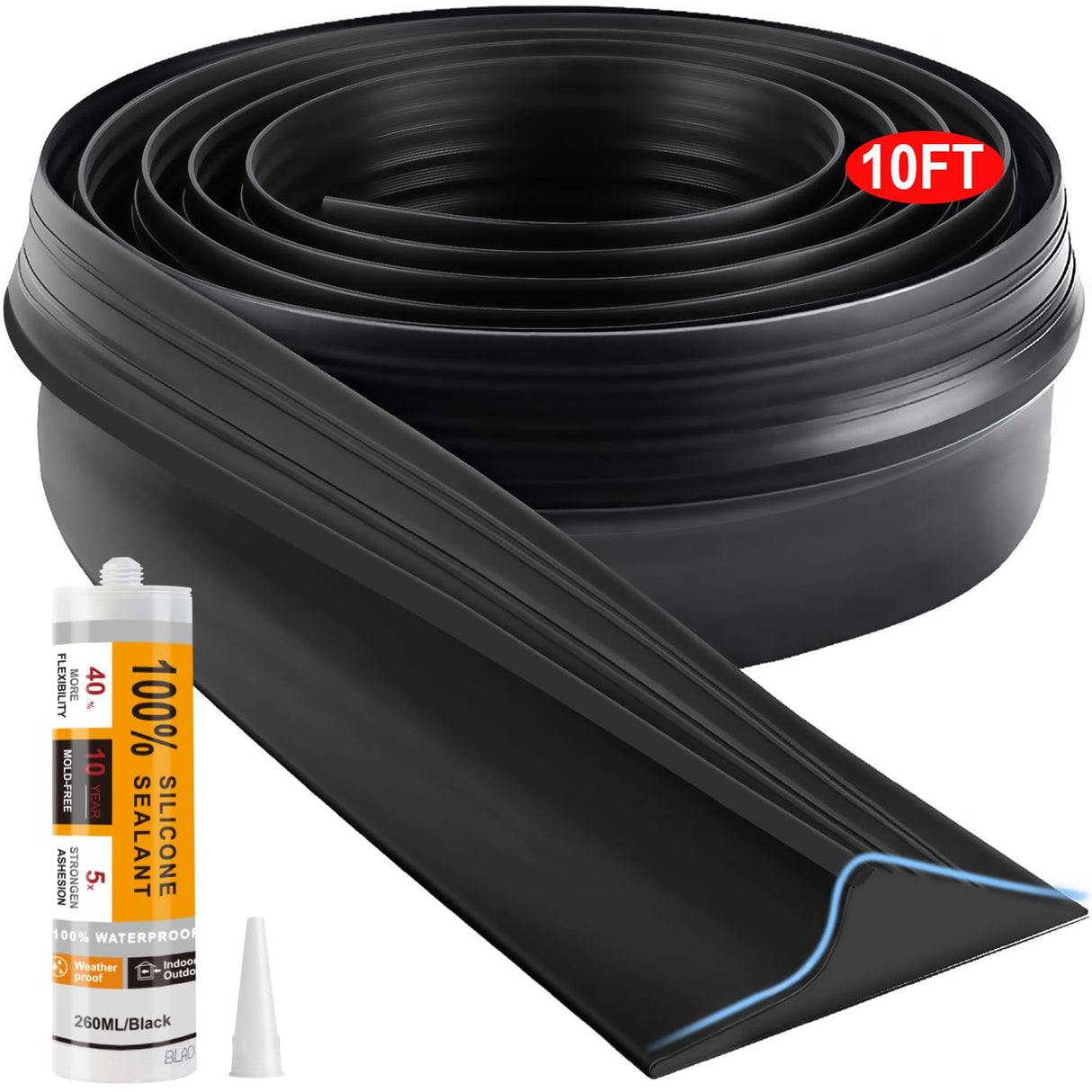 Jin&Bao Universal Garage Door Threshold Seal Strip 10FT Kit, Bottom Waterproof Rubber Weather Stripping Replacement(Black, 1 Adhesive)