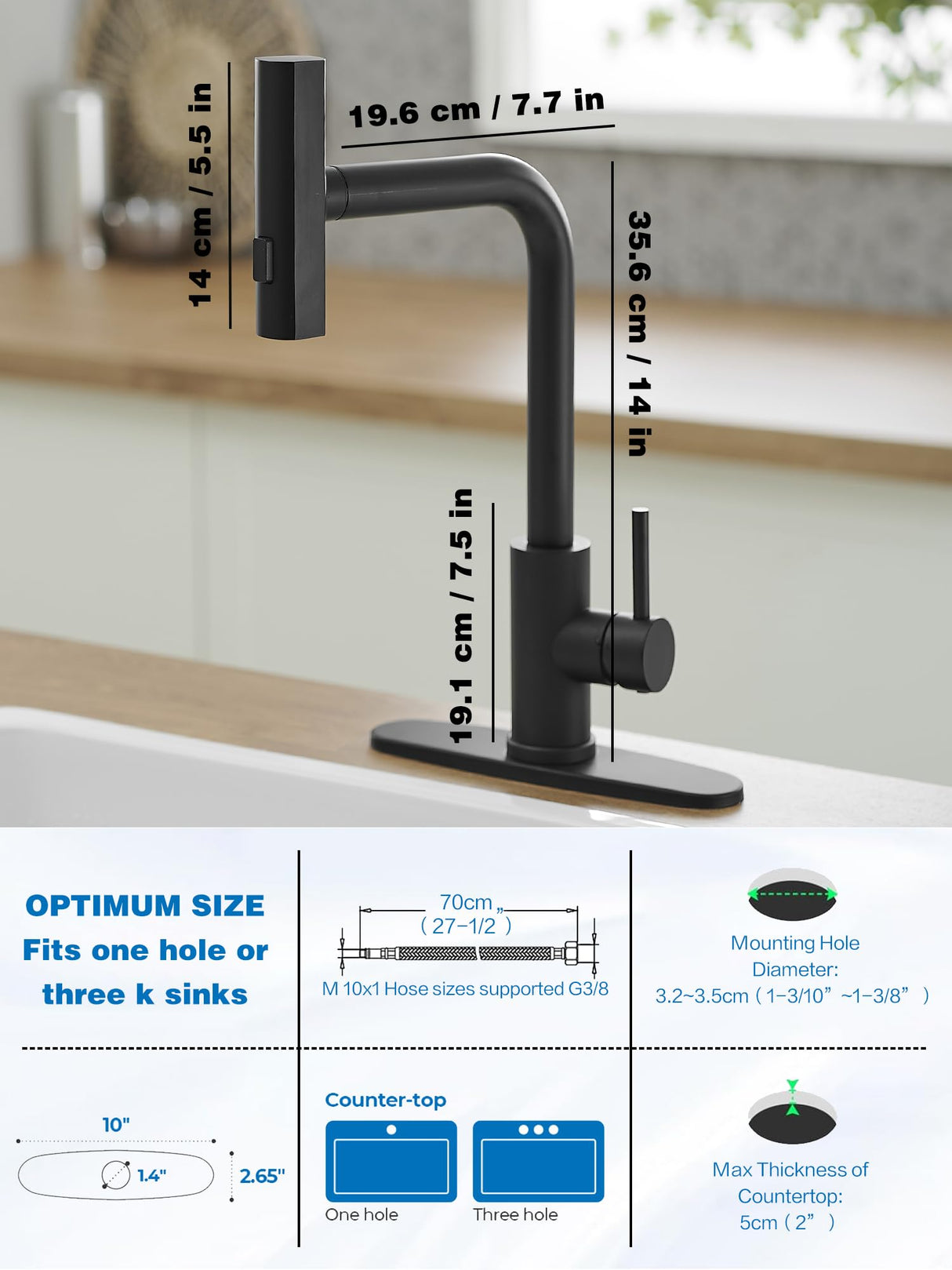 Kitchen Faucet with Pull Down Sprayer, Matte Black Waterfall Kitchen Sink Faucet, Commercial Single Handle Stainless Steel Faucet with 3 Spray Modes for Farmhouse, RV, Laundry & Utility Sink